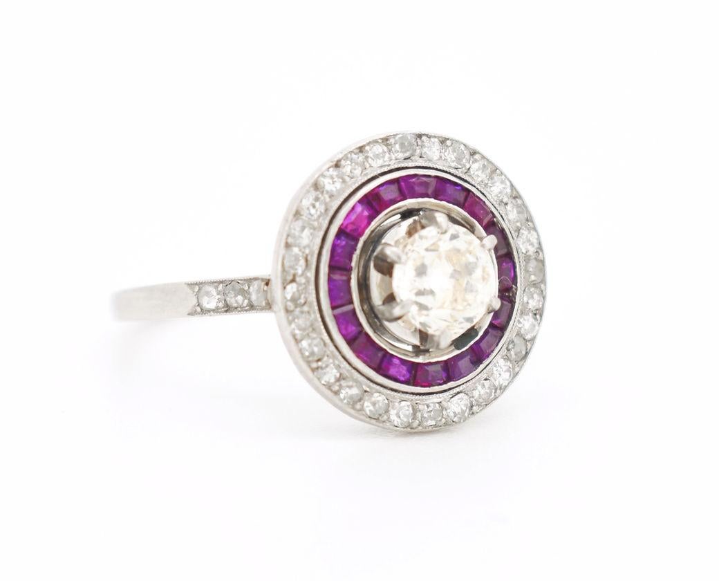 Old Mine Cut Art Deco Engagement Ring, Platinum, Diamonds & Ruby Halo For Sale