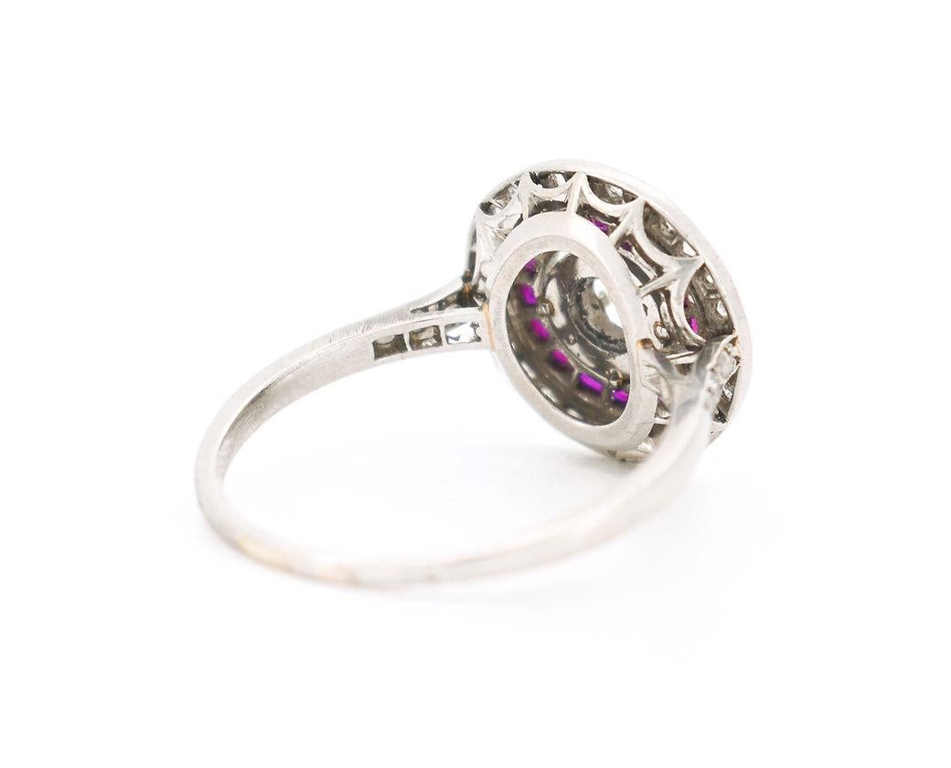 Women's Art Deco Engagement Ring, Platinum, Diamonds & Ruby Halo For Sale