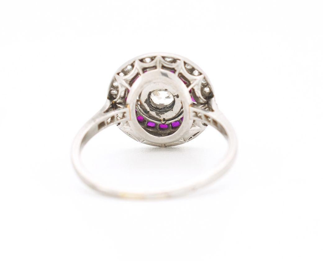 Art Deco Engagement Ring, Platinum, Diamonds & Ruby Halo For Sale 1