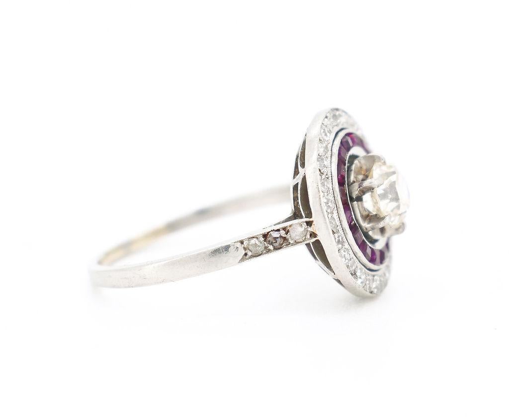 Art Deco Engagement Ring, Platinum, Diamonds & Ruby Halo For Sale 2