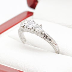 Art Deco Engagement Ring, White Gold Diamond Trilogy Ring