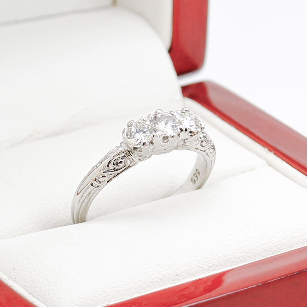 Women's Art Deco Engagement Ring, White Gold Diamond Trilogy Ring For Sale