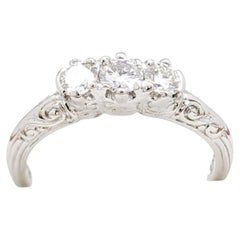 Vintage Art Deco Engagement Ring, White Gold Diamond Trilogy Ring