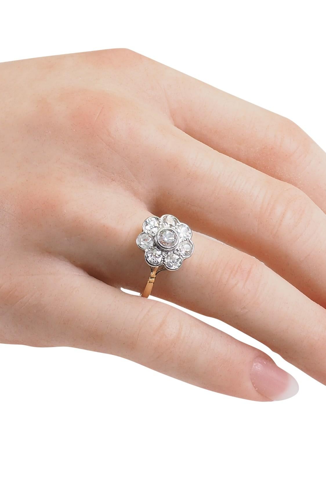 Un delizioso anello con diamanti a grappolo degli anni Venti. Originario dell'Inghilterra, è in oro 18 ct. e platino. Il peso totale dei diamanti è di 1,0 ct. e le pietre sono di un vecchio taglio brillante.
Misure internazionali degli anelli:
DE -