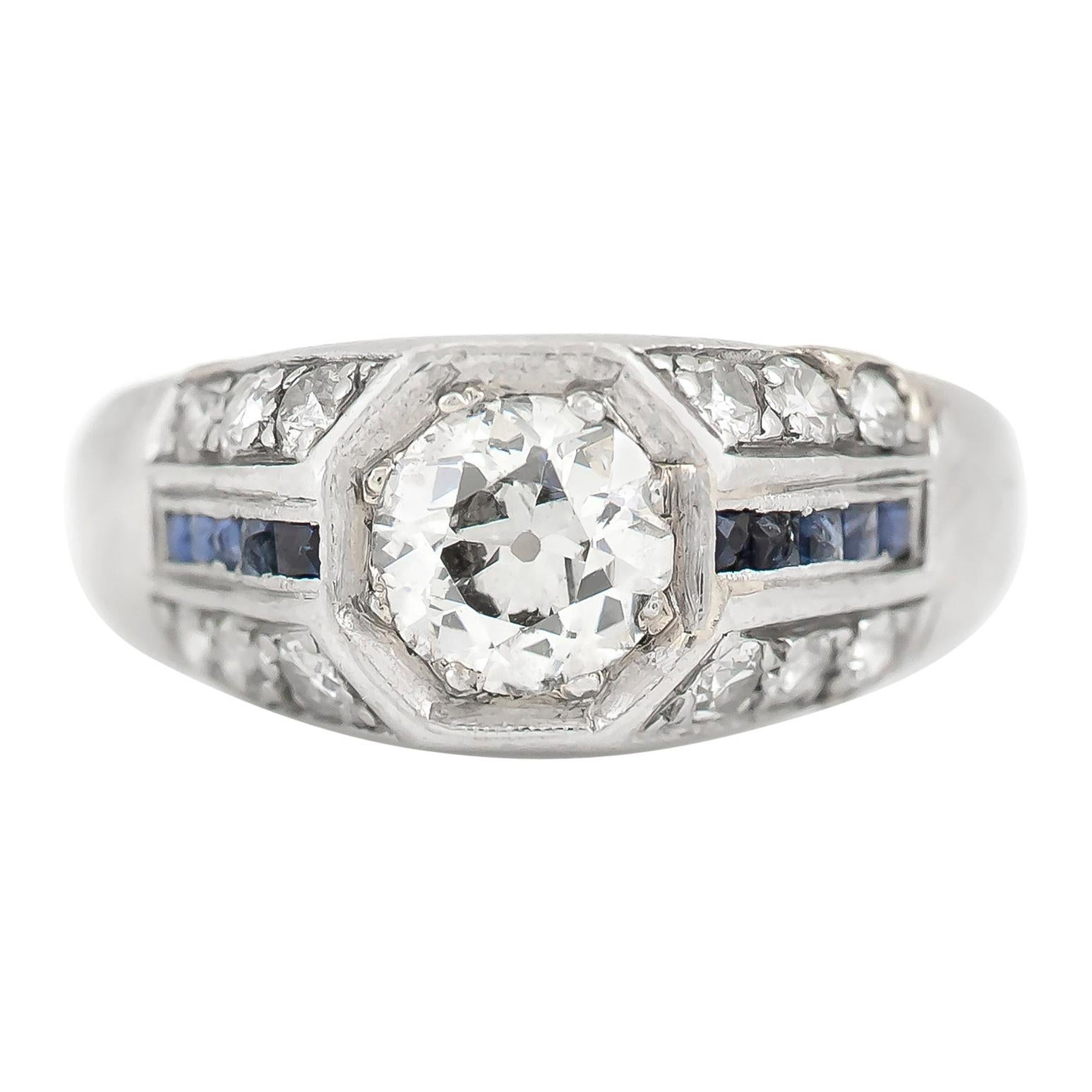 Art Deco Engagement Ring with Sapphires and Diamonds For Sale
