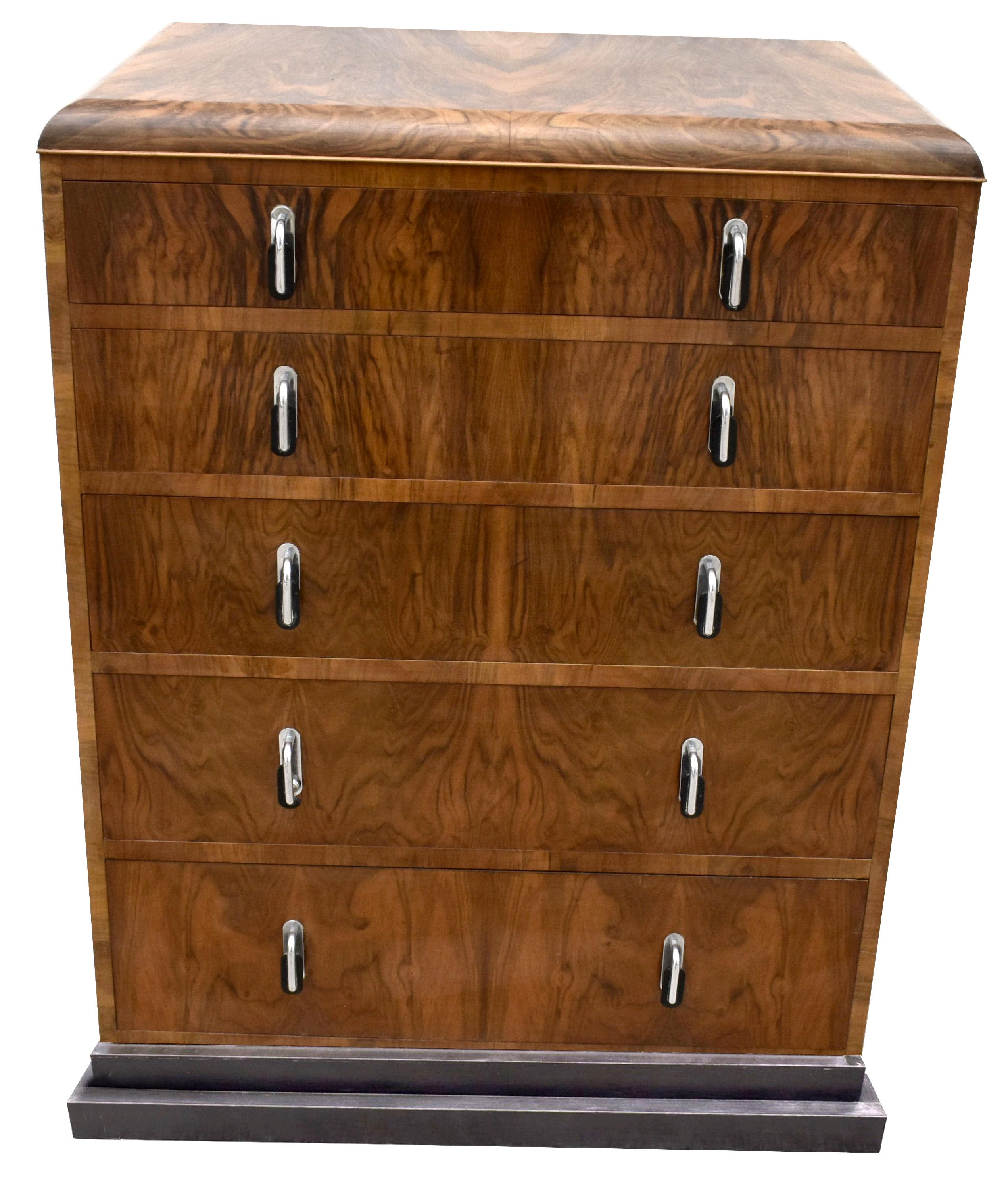 Art Deco English 1930's Figured Walnut Chest of Five Drawers 2