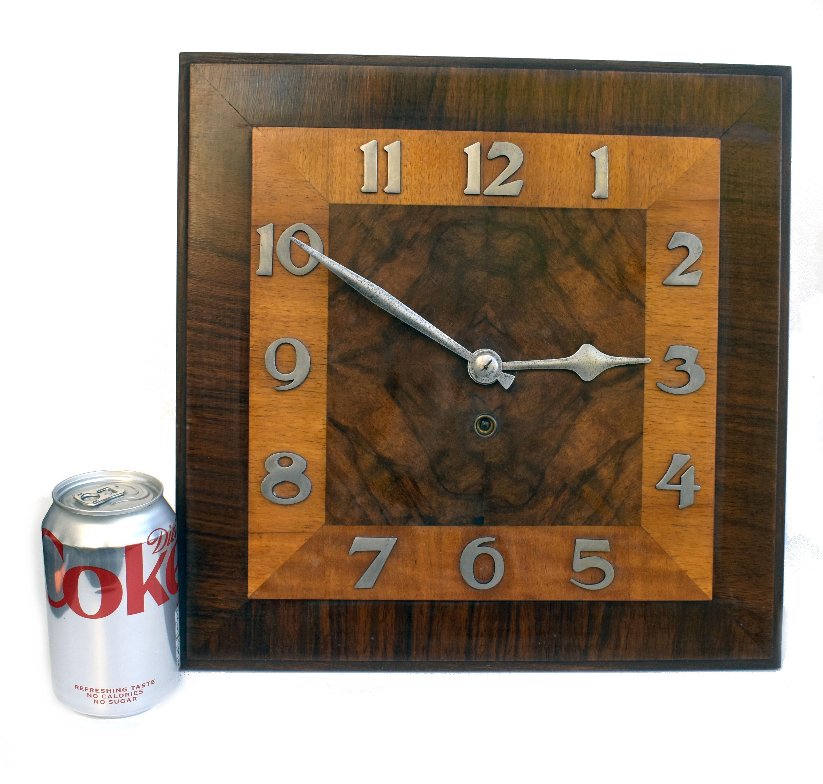 Art Deco English 8 Day Walnut Wall Clock, c1930 For Sale 2