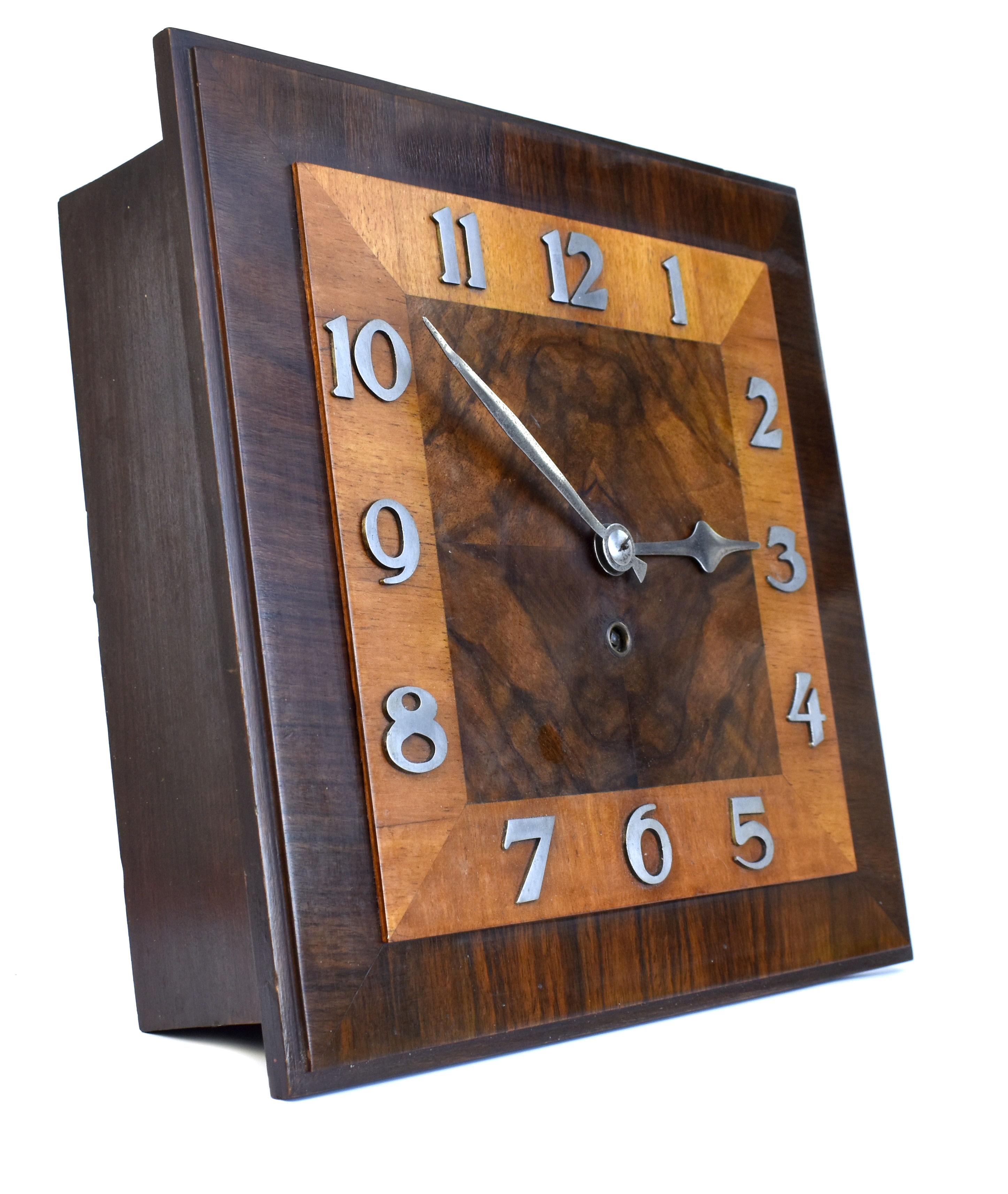 Art Deco English 8 Day Walnut Wall Clock, c1930 For Sale 3