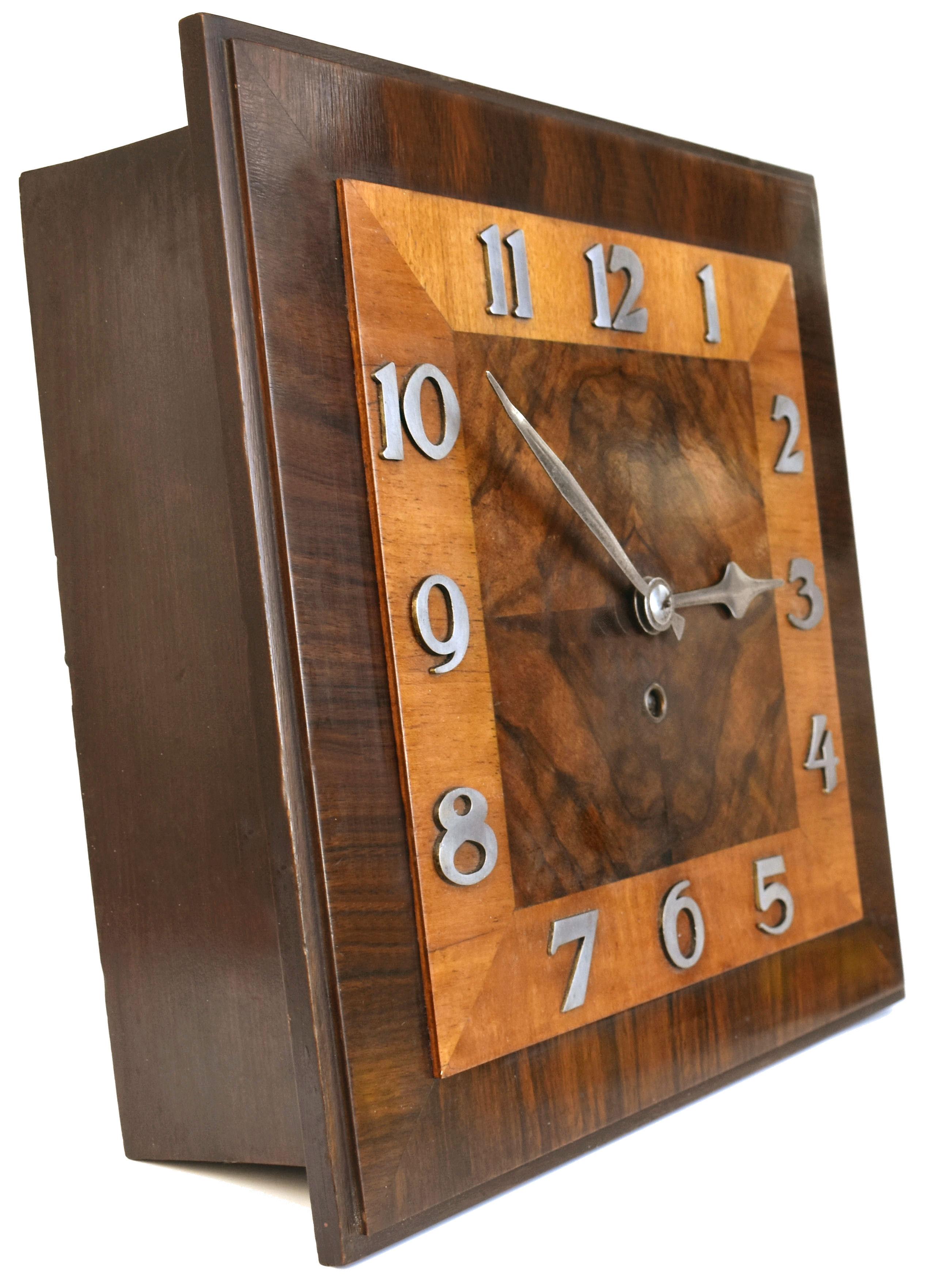 Brass Art Deco English 8 Day Walnut Wall Clock, c1930 For Sale