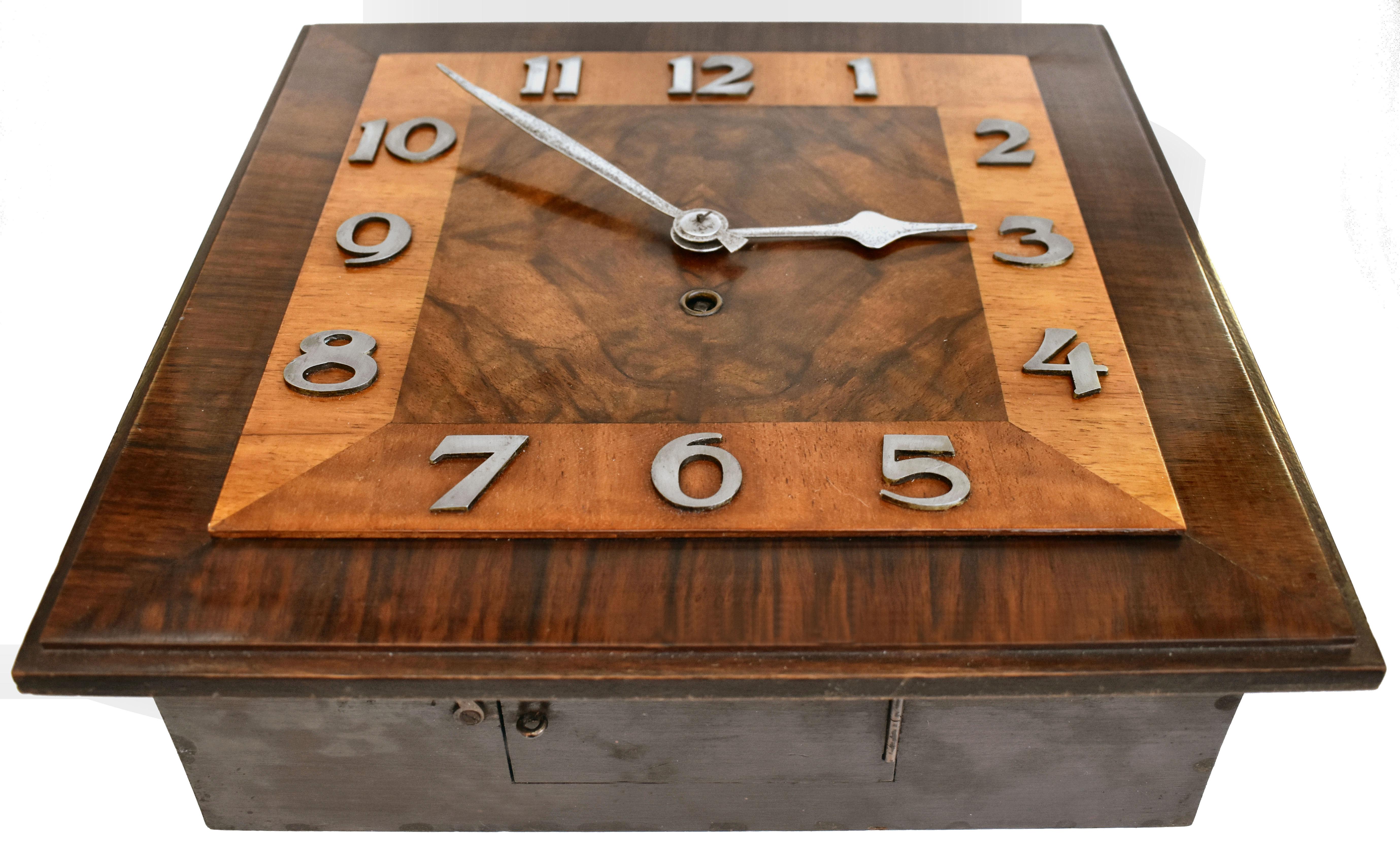Art Deco English 8 Day Walnut Wall Clock, c1930 For Sale 1
