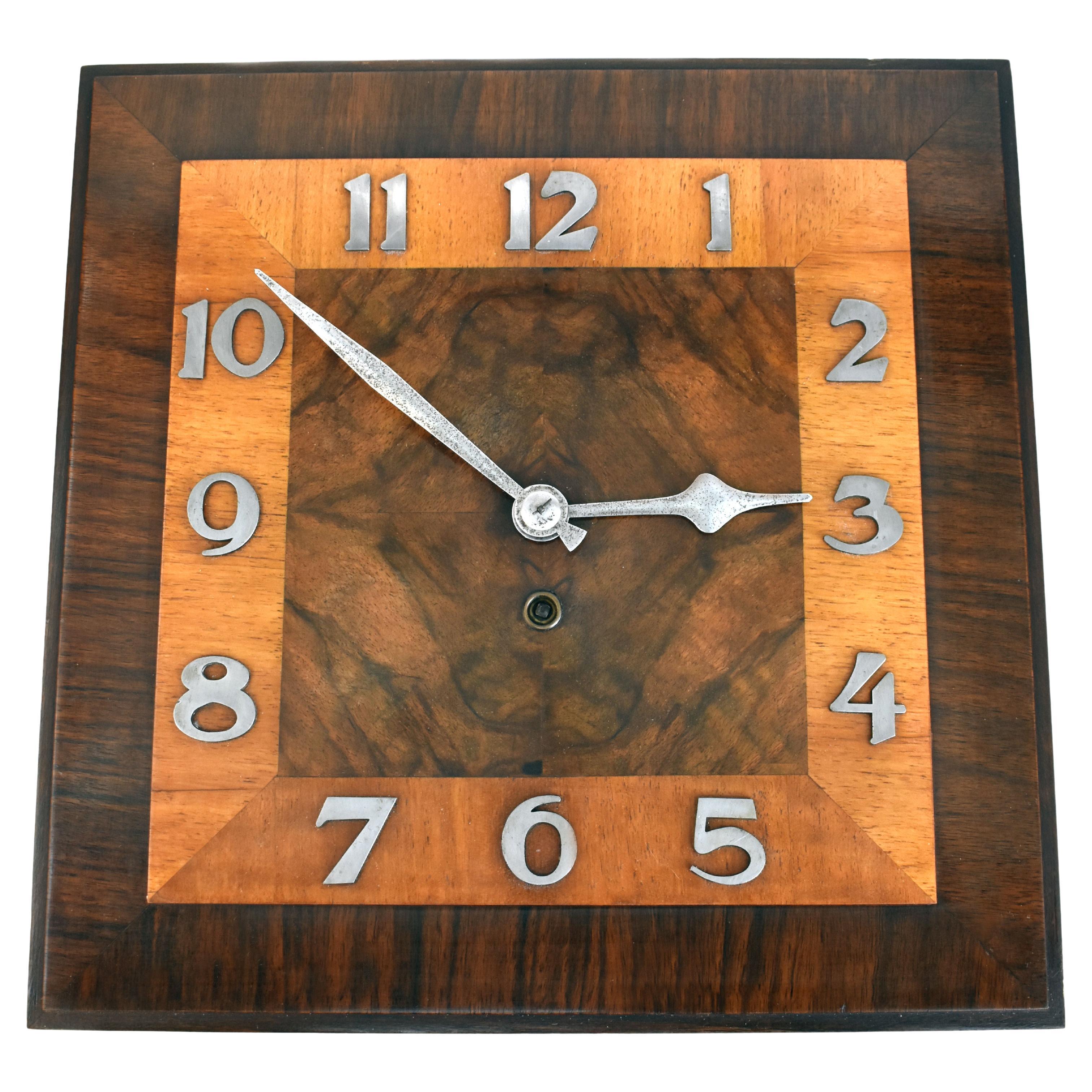Art Deco English 8 Day Walnut Wall Clock, c1930