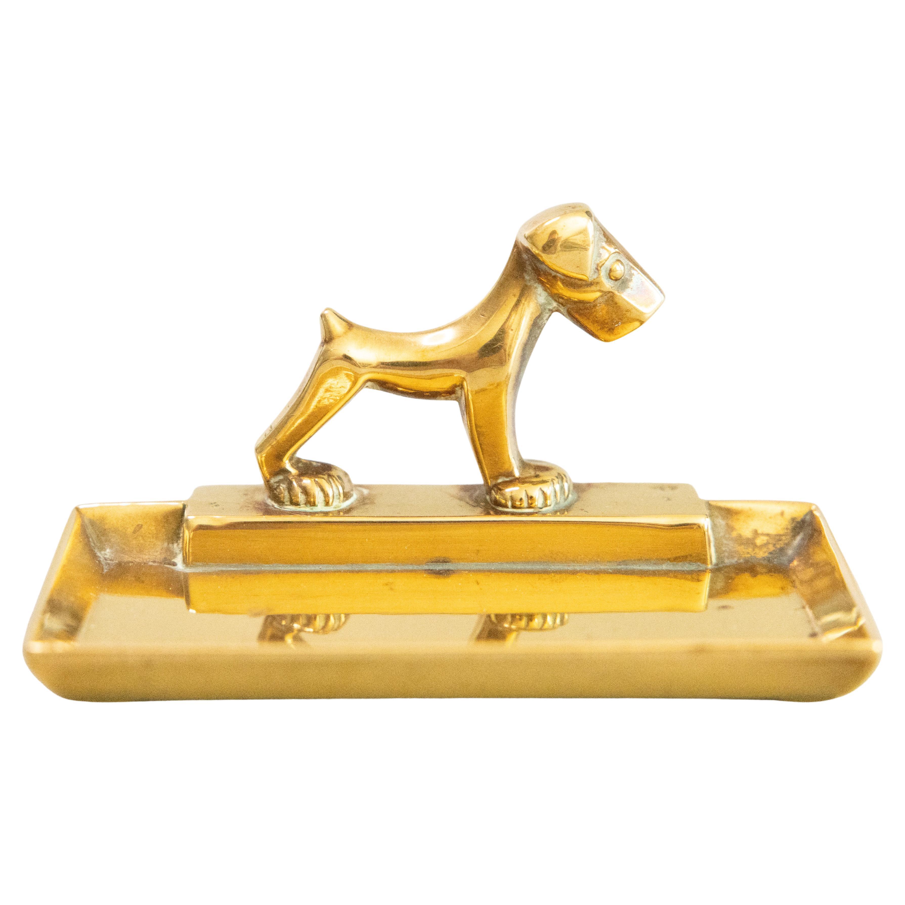 Art Deco English Brass Dog Catchall Tray Vide Poche For Sale