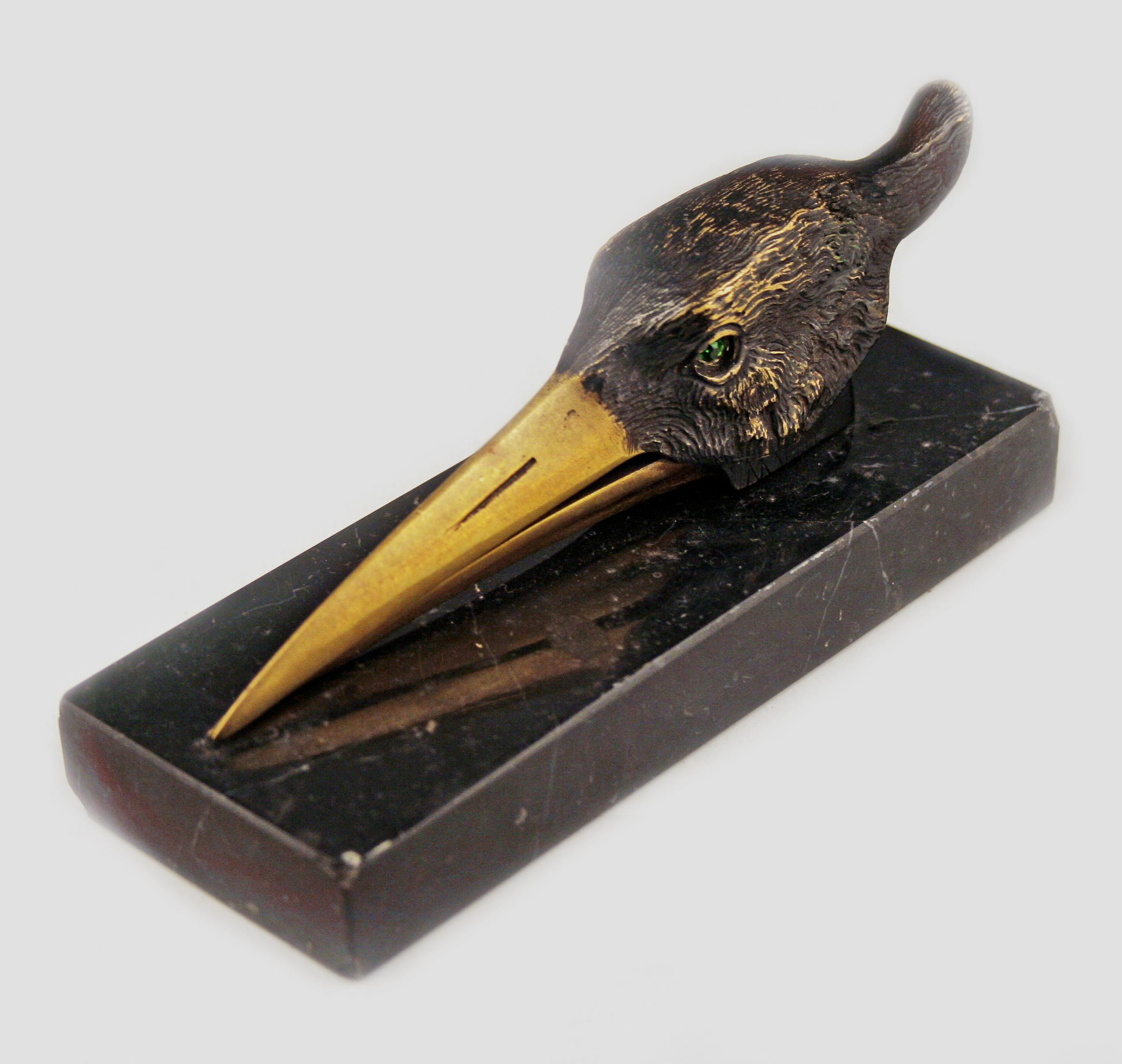 Art Deco Art Déco English Bronze Stork Head Papper Clip/Letter Holder with Marble Plinth For Sale