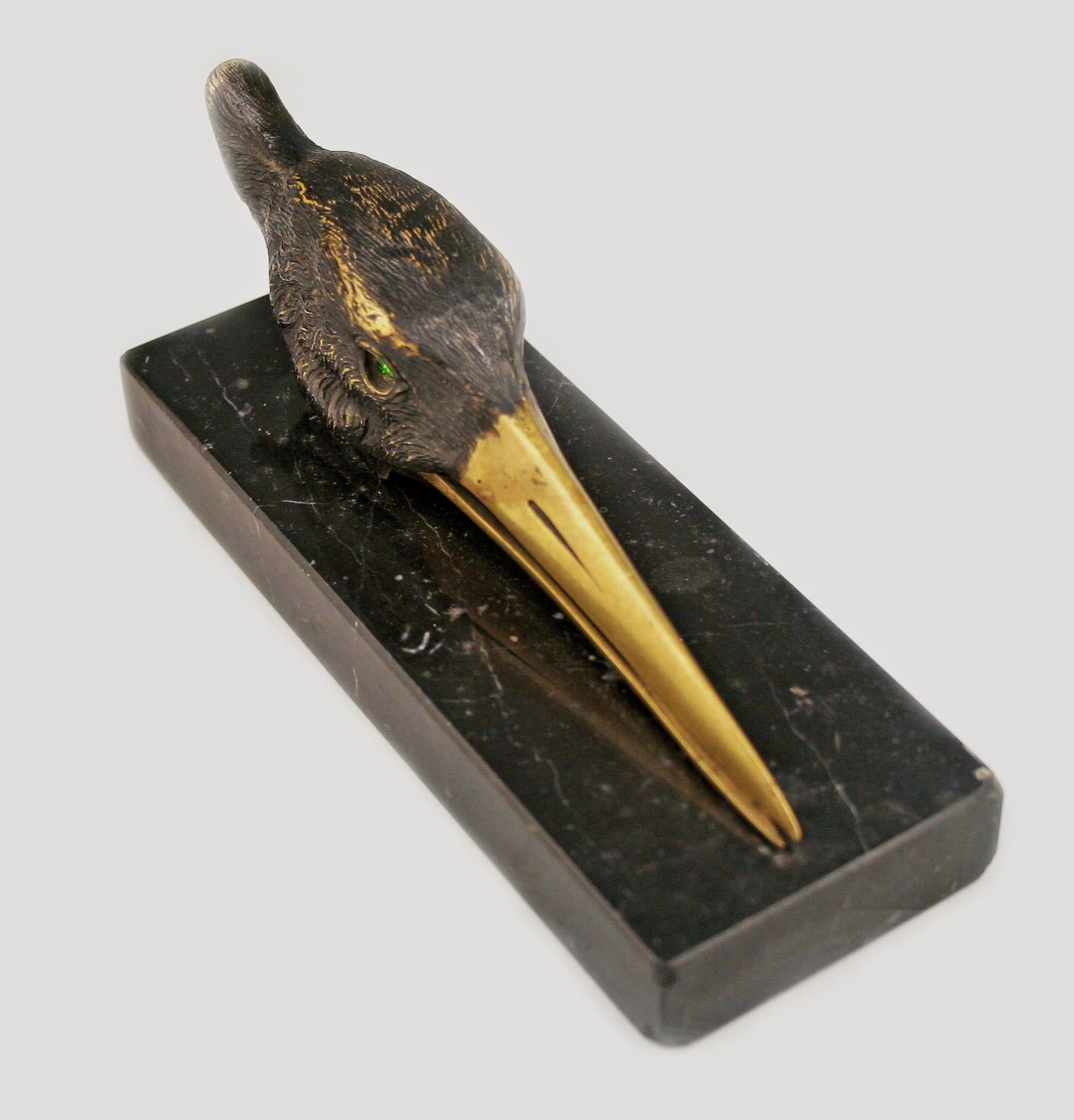 Patinated Art Déco English Bronze Stork Head Papper Clip/Letter Holder with Marble Plinth For Sale