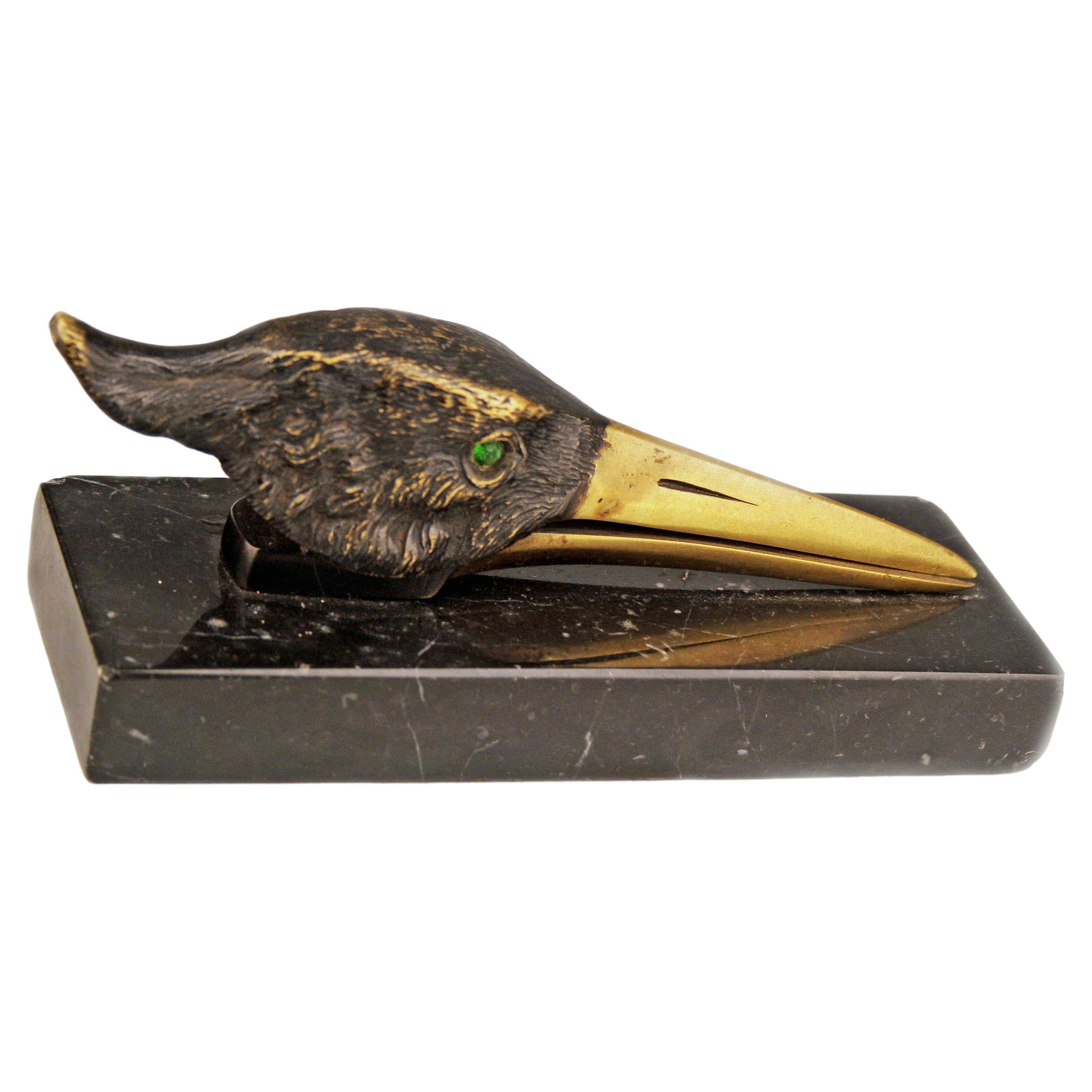 Art Déco English Bronze Stork Head Papper Clip/Letter Holder with Marble Plinth For Sale