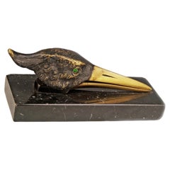 Used Art Déco English Bronze Stork Head Papper Clip/Letter Holder with Marble Plinth