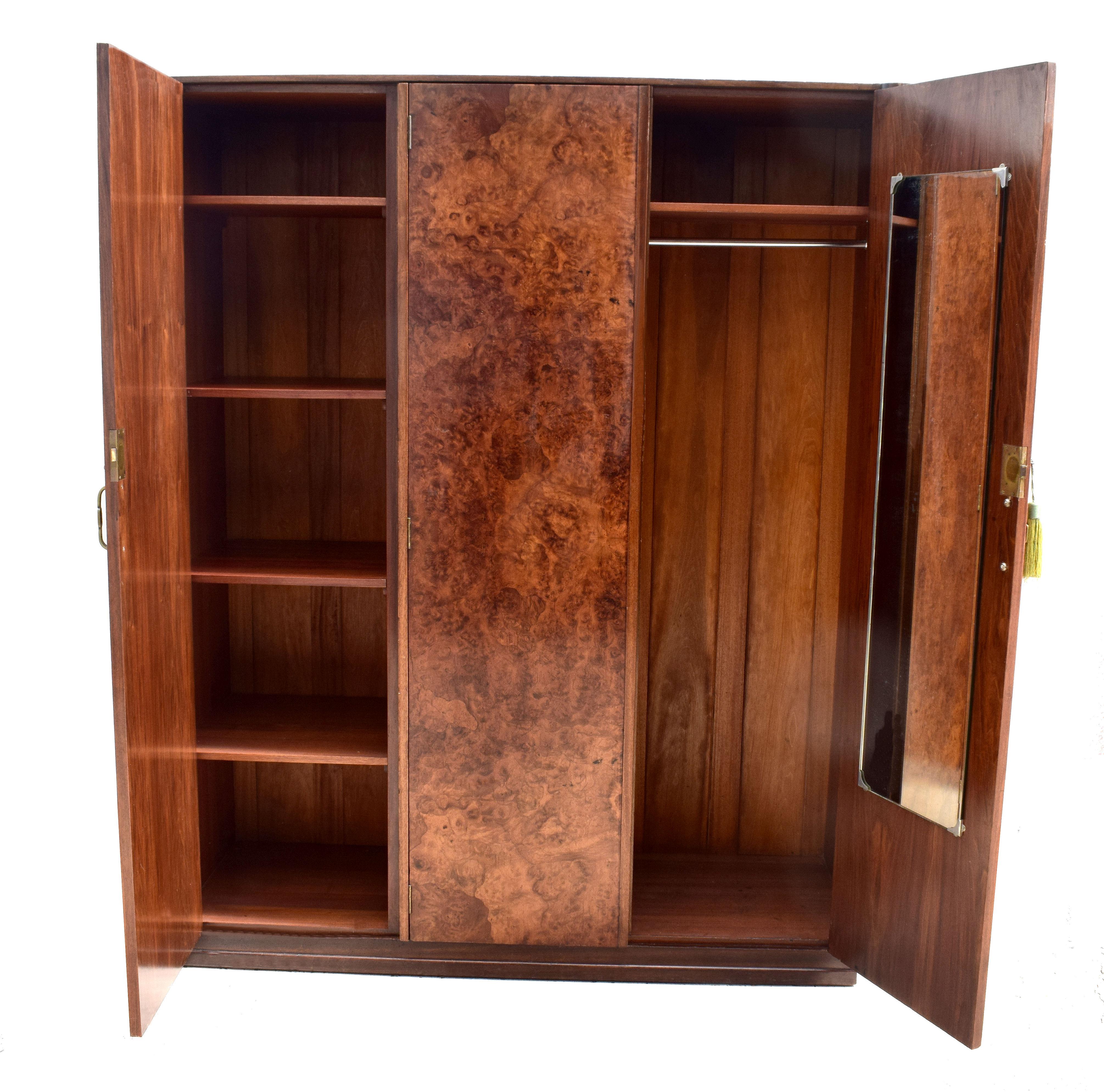 Art Deco English Burl Walnut Triple Wardrobe, circa 1930 In Good Condition In Devon, England