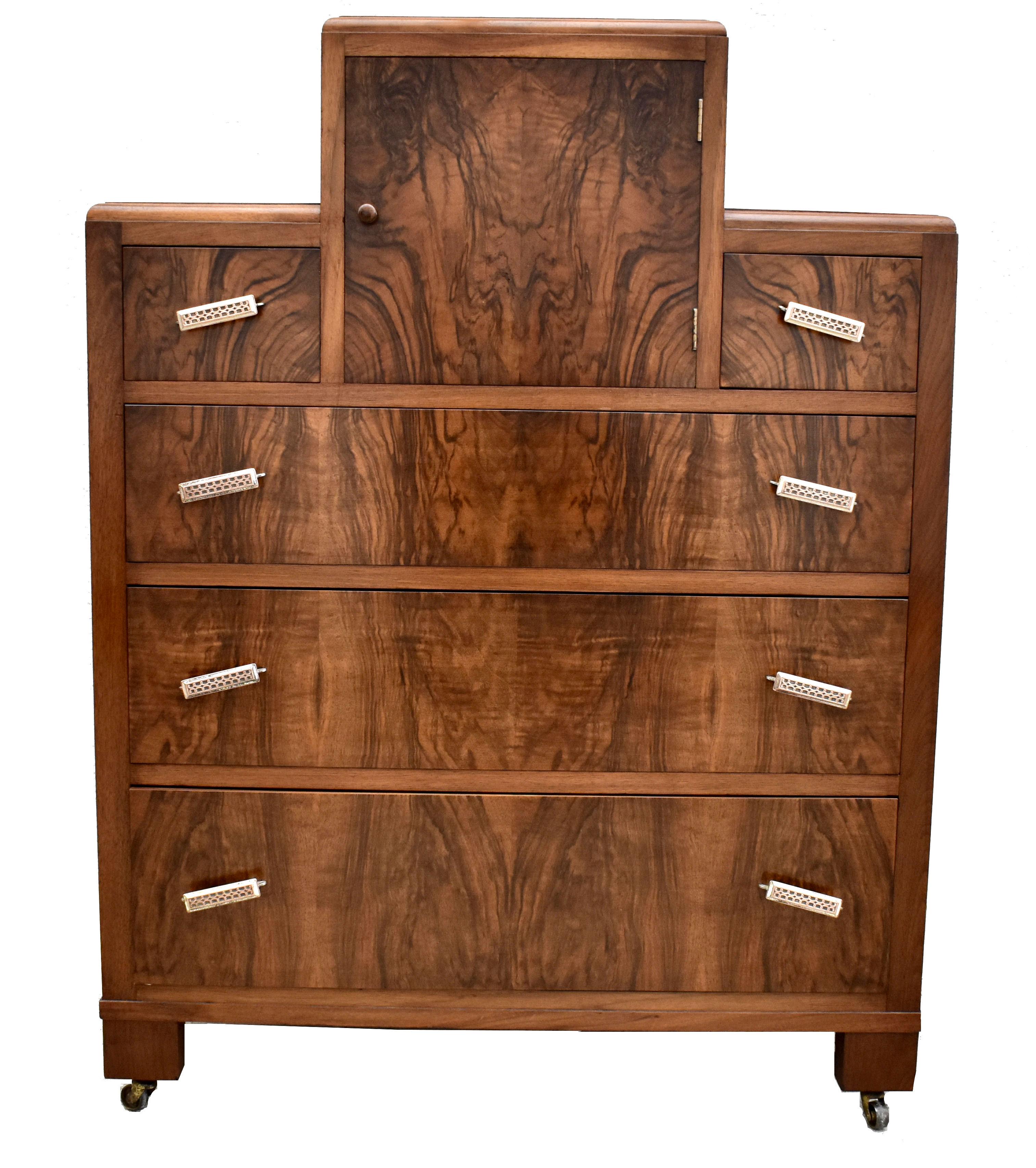 20th Century Art Deco English Burr Walnut Chest of Five Drawers, circa 1930s For Sale