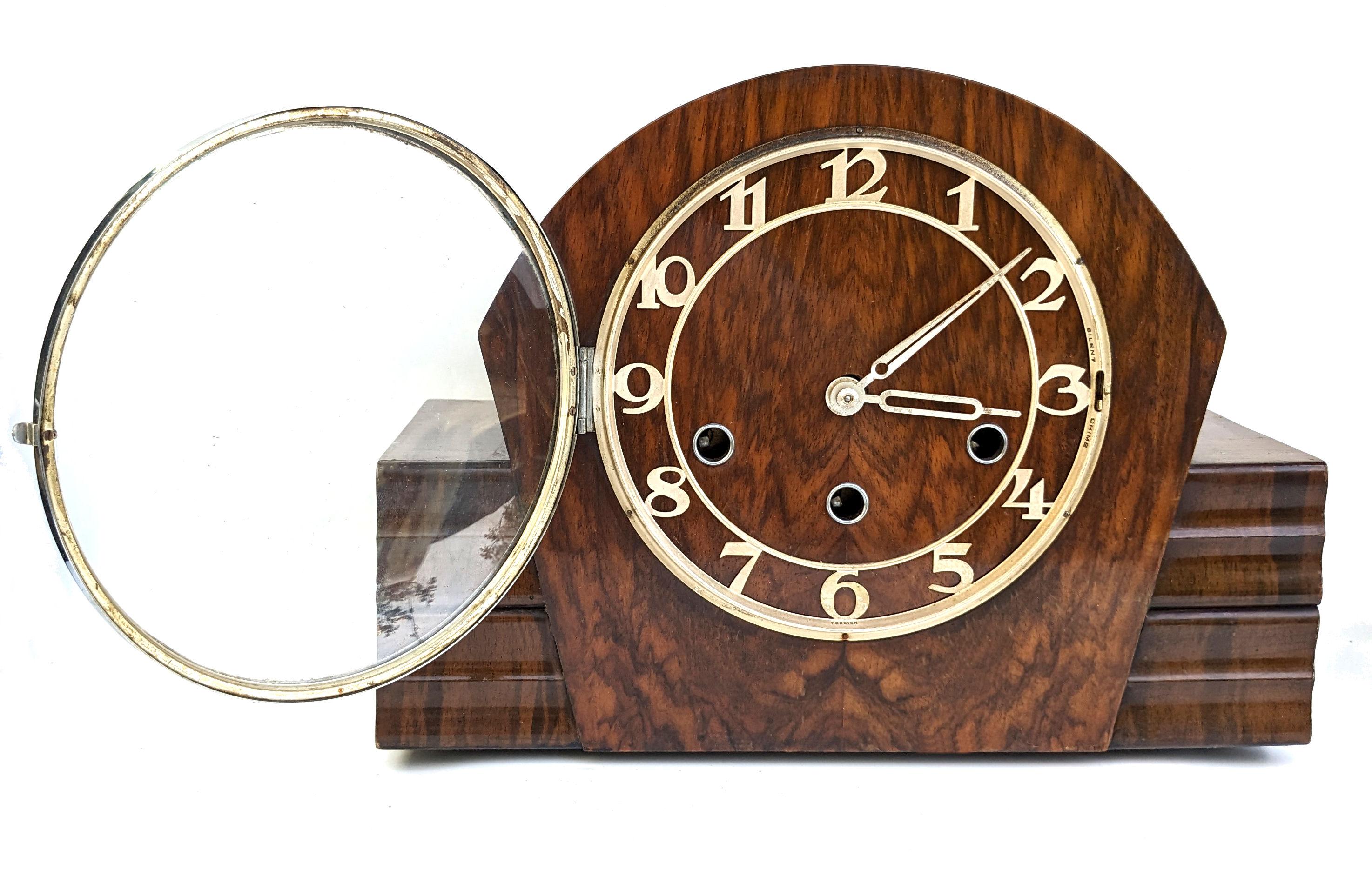 20th Century Art Deco English Chiming Walnut Mantle Clock, c1938