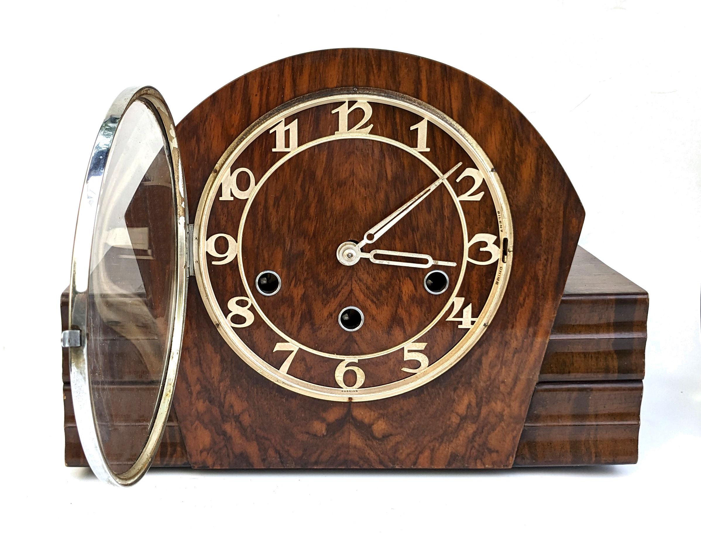 Brass Art Deco English Chiming Walnut Mantle Clock, c1938