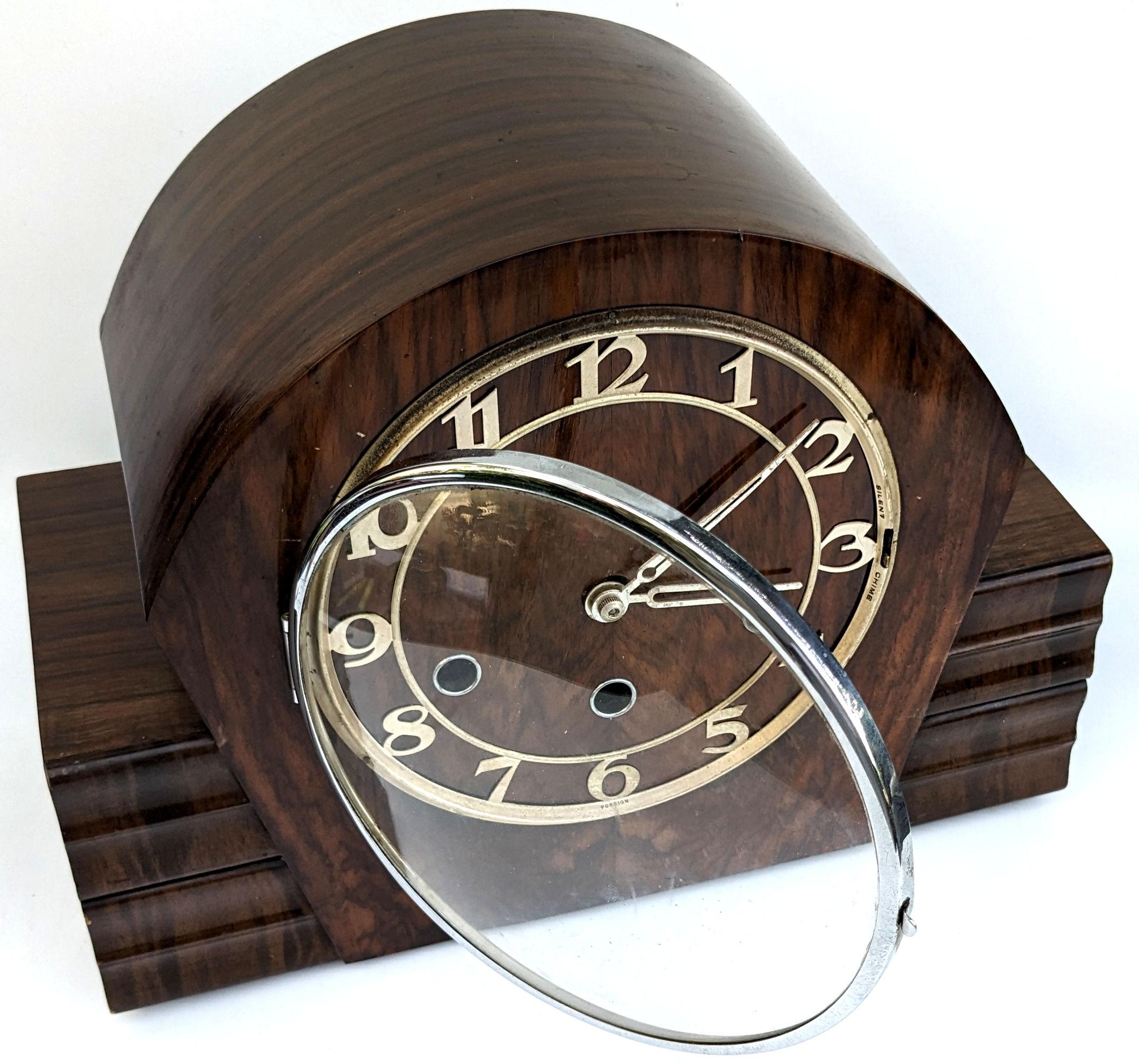 Art Deco English Chiming Walnut Mantle Clock, c1938 1