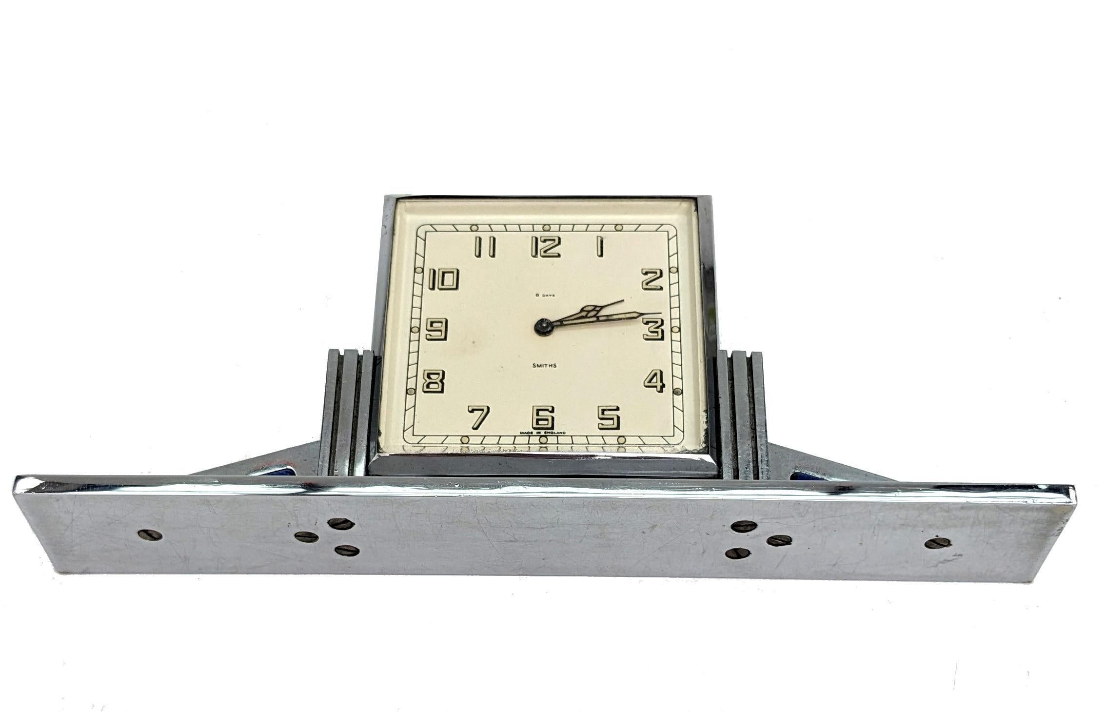 Art Deco English Chrome Clock , 8 Day, Mechanical, By Smiths , c1930 6