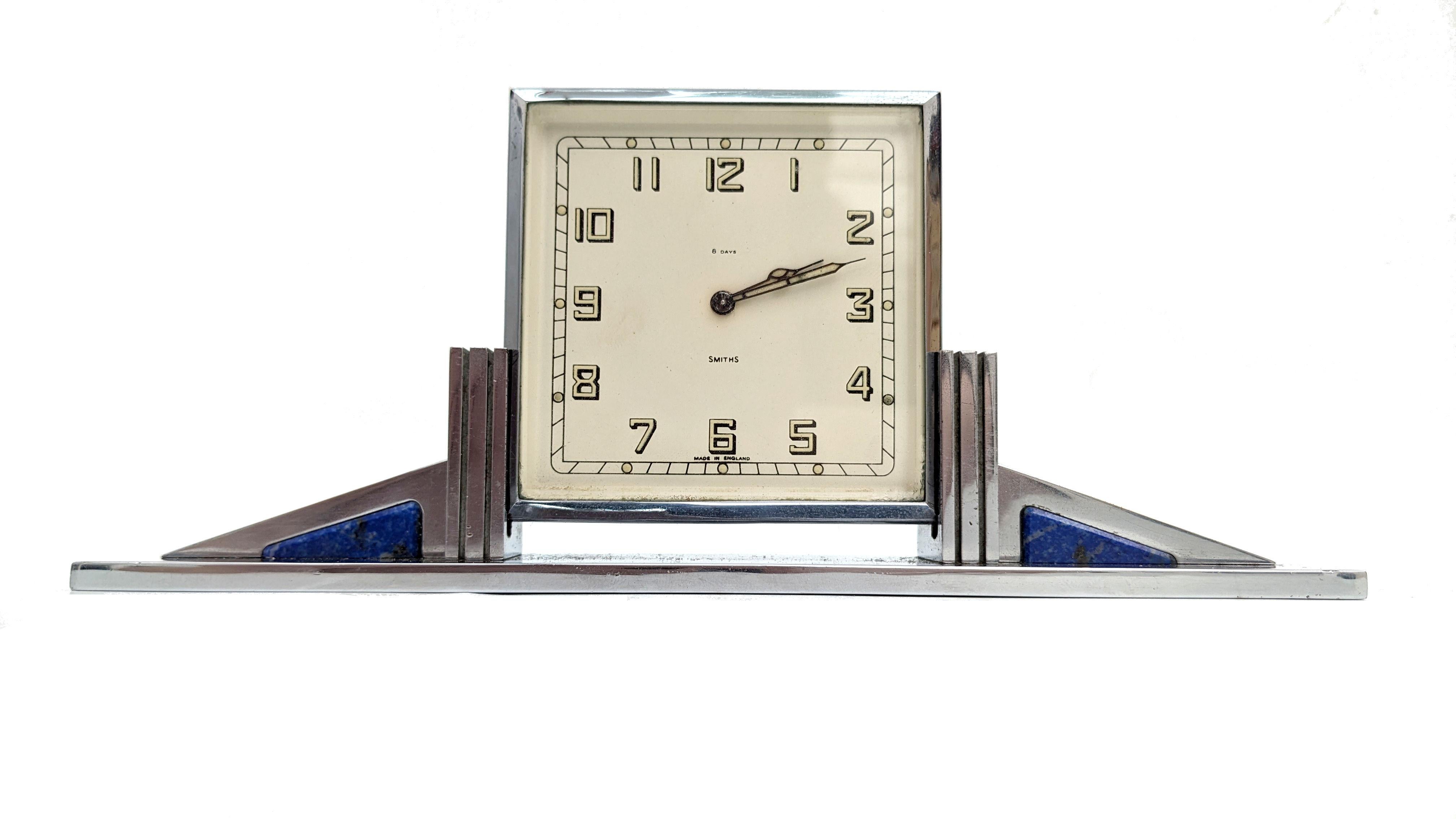 This is a stunning quality made Art Deco chrome clock by the English clockmakers Smiths - it has an 8 day movement and is in excellent working order having been fully serviced by a qualified horologist- it is a non chiming clock -  quite heavy.