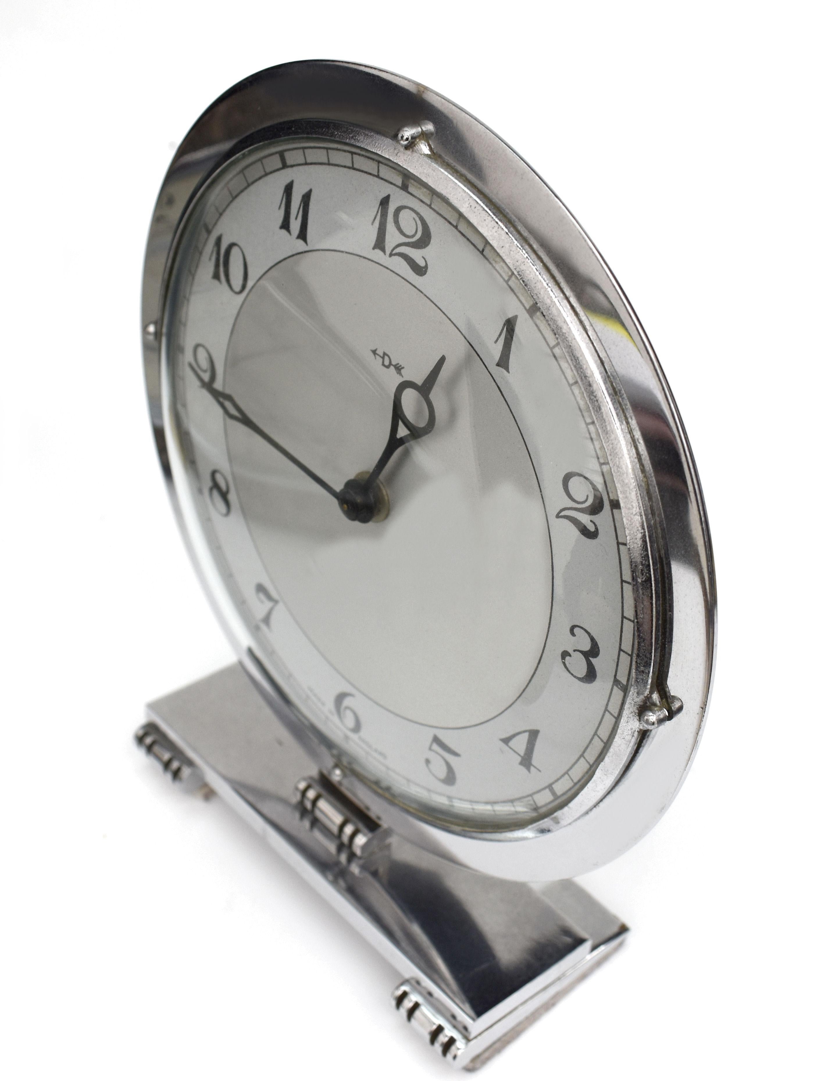 Art Deco English Chrome Clock , 8 Day, Mechanical, by Smiths, circa 1930 In Good Condition For Sale In Devon, England