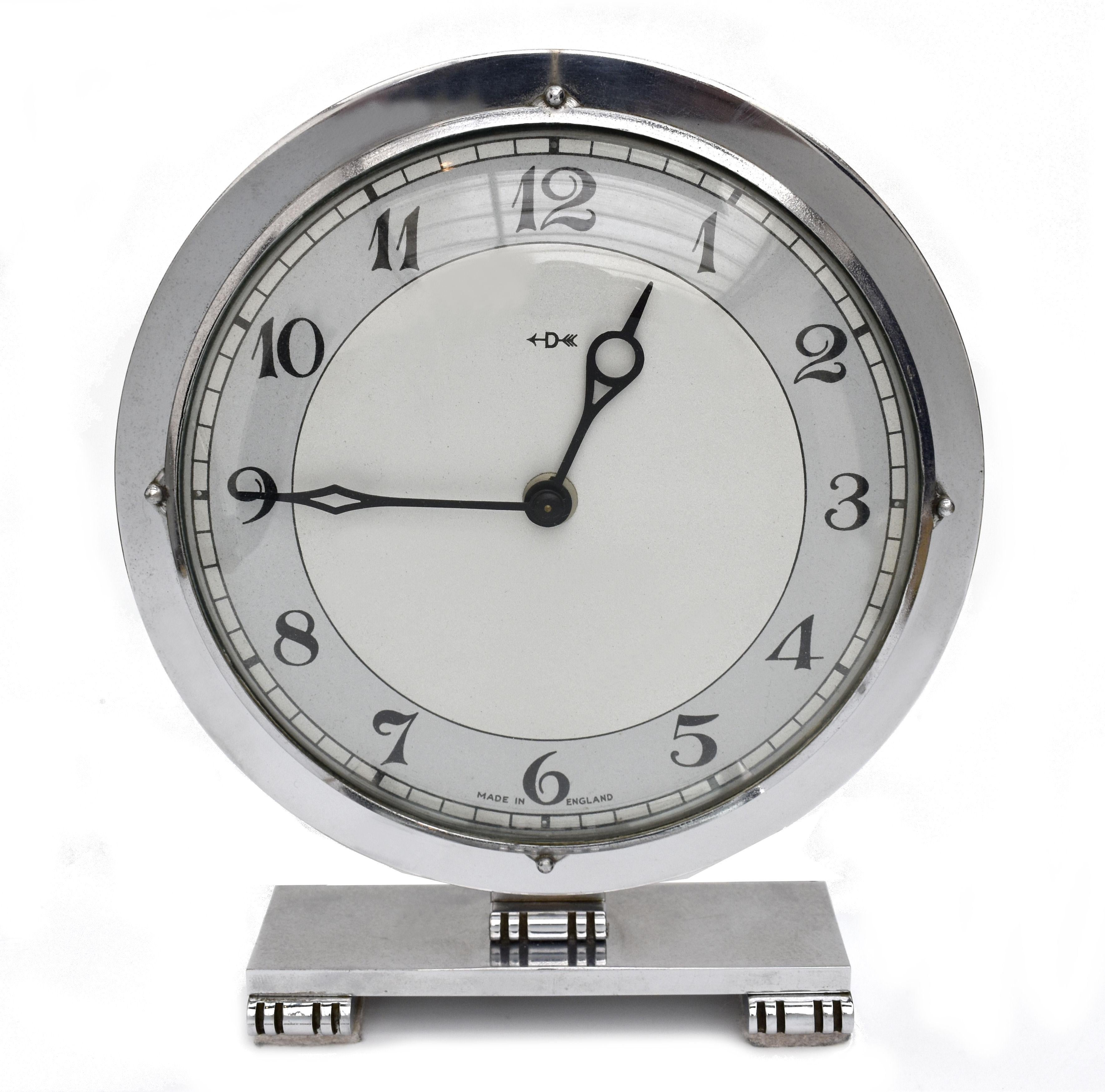 20th Century Art Deco English Chrome Clock , 8 Day, Mechanical, by Smiths, circa 1930 For Sale