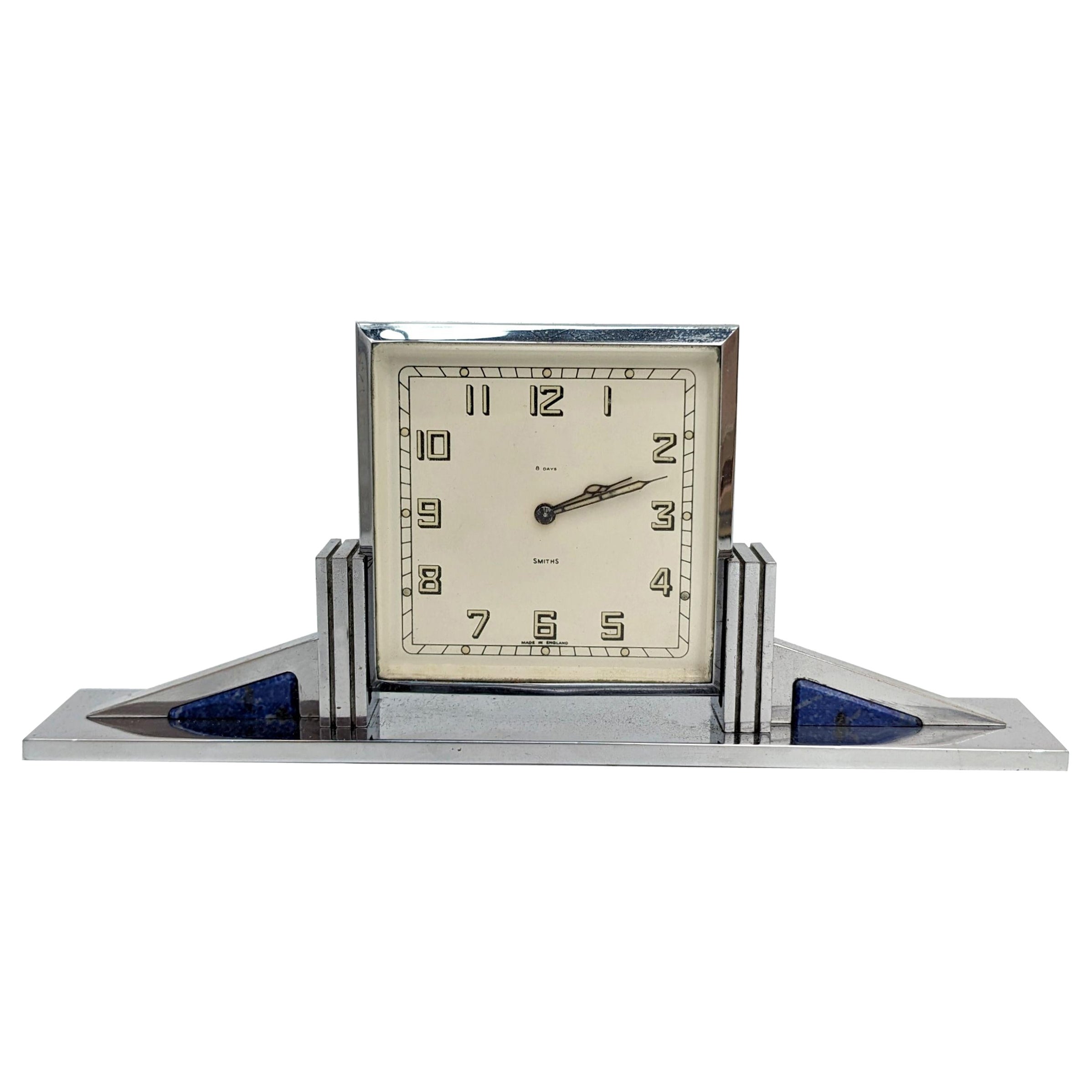 Art Deco English Chrome Clock , 8 Day, Mechanical, By Smiths , c1930
