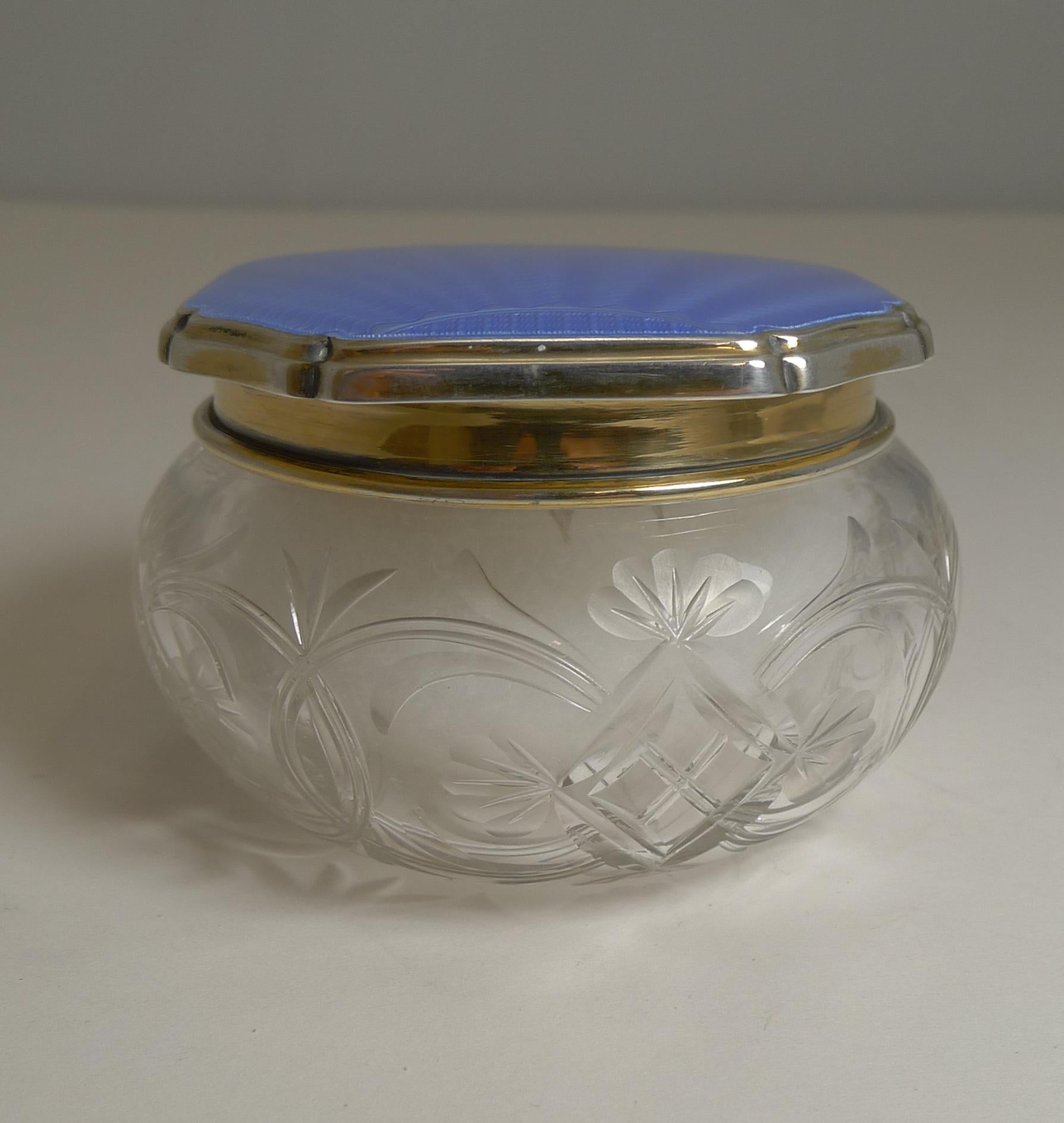 Gilt Art Deco English Crystal and Sterling Silver / Guilloche Enamel Powder Bowl For Sale