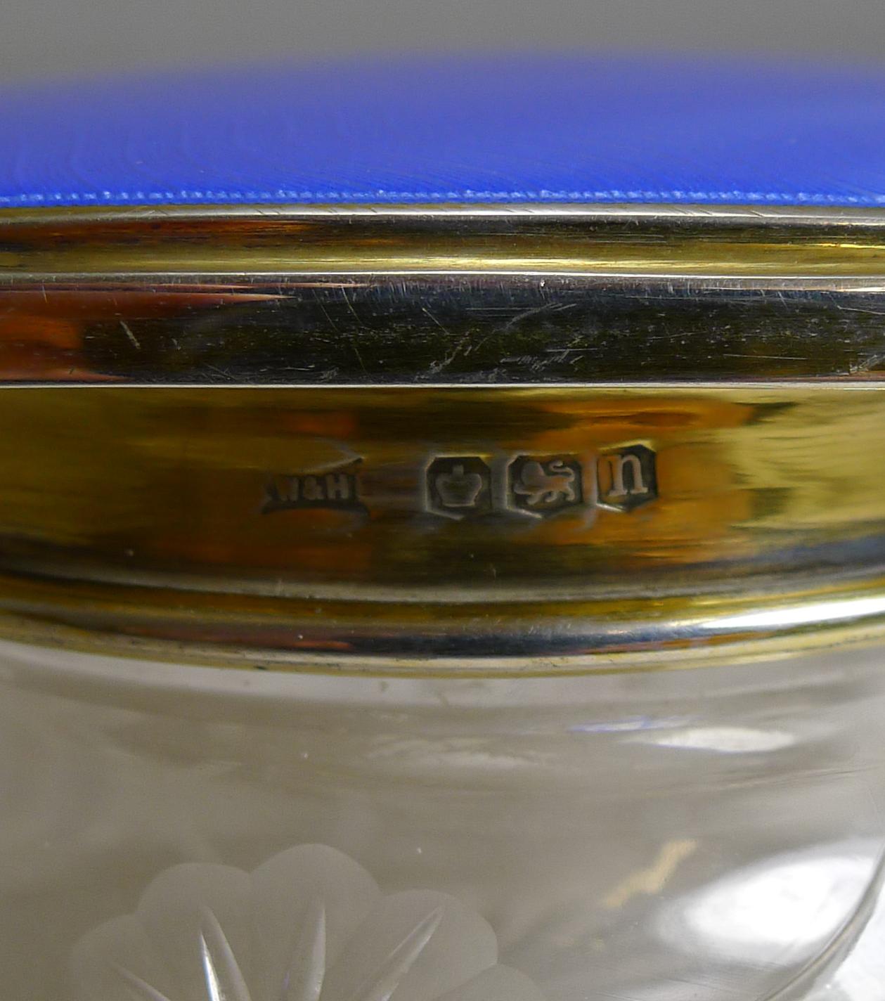 Art Deco English Crystal and Sterling Silver / Guilloche Enamel Powder Bowl For Sale 2