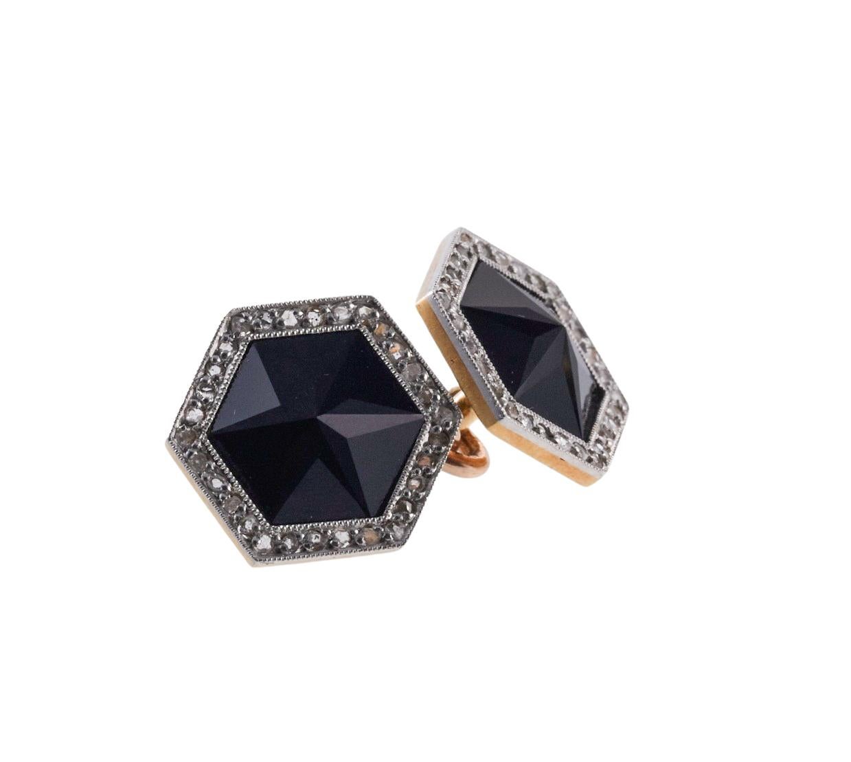 Art Deco English Diamant Onyx Gold Manschettenknöpfe (Rosenschliff) im Angebot