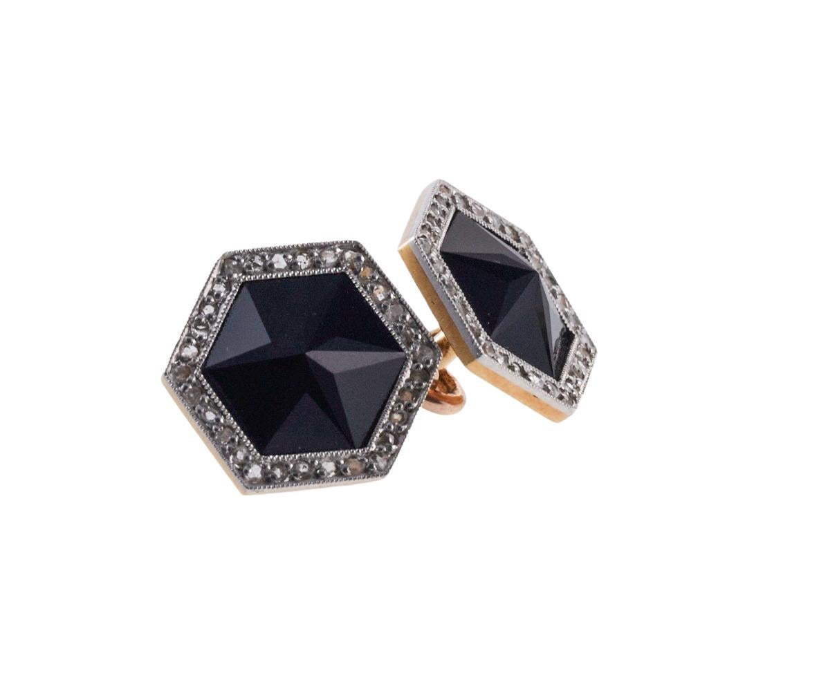 Art Deco English Diamond Onyx Gold Cufflinks For Sale 1
