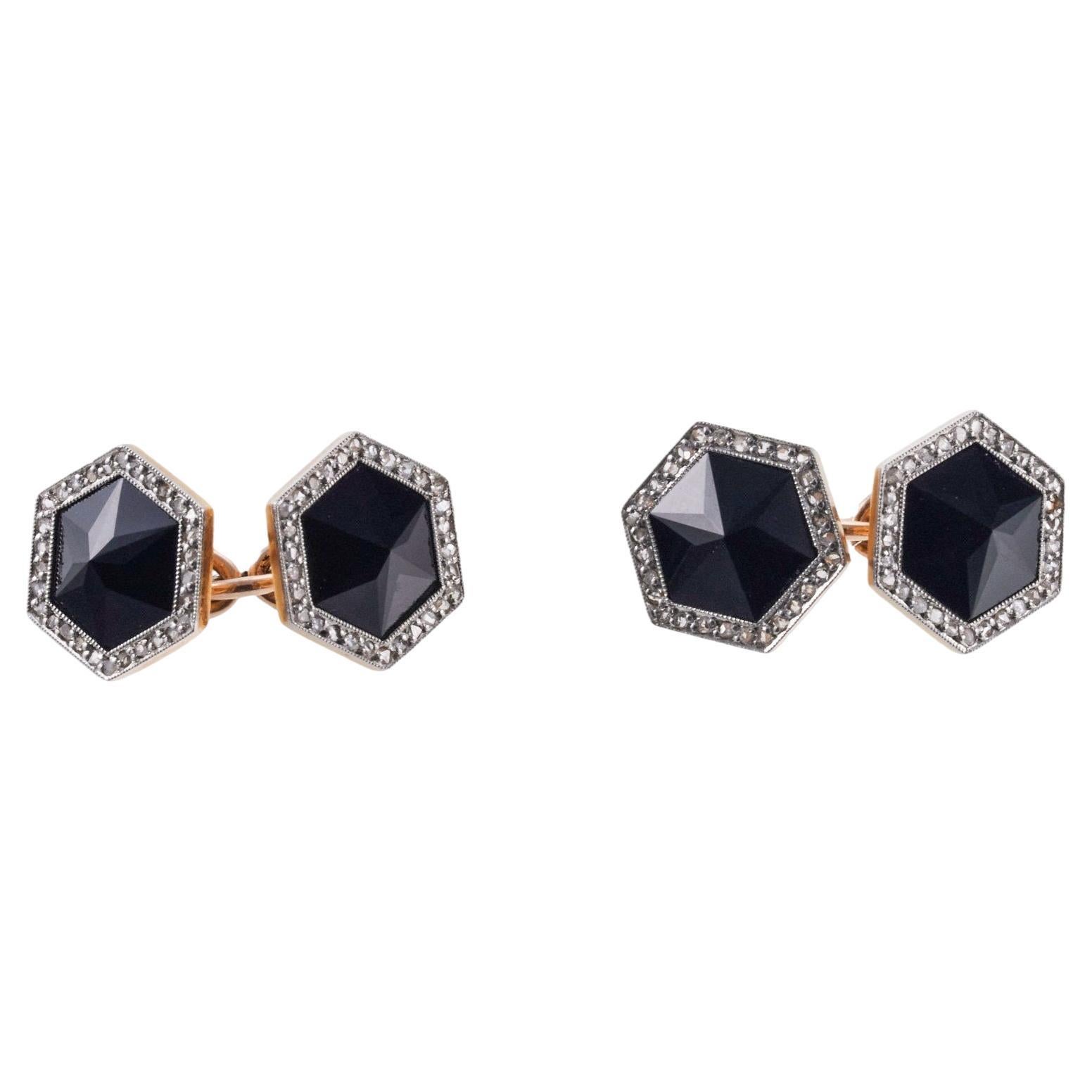 Art Deco English Diamond Onyx Gold Cufflinks For Sale