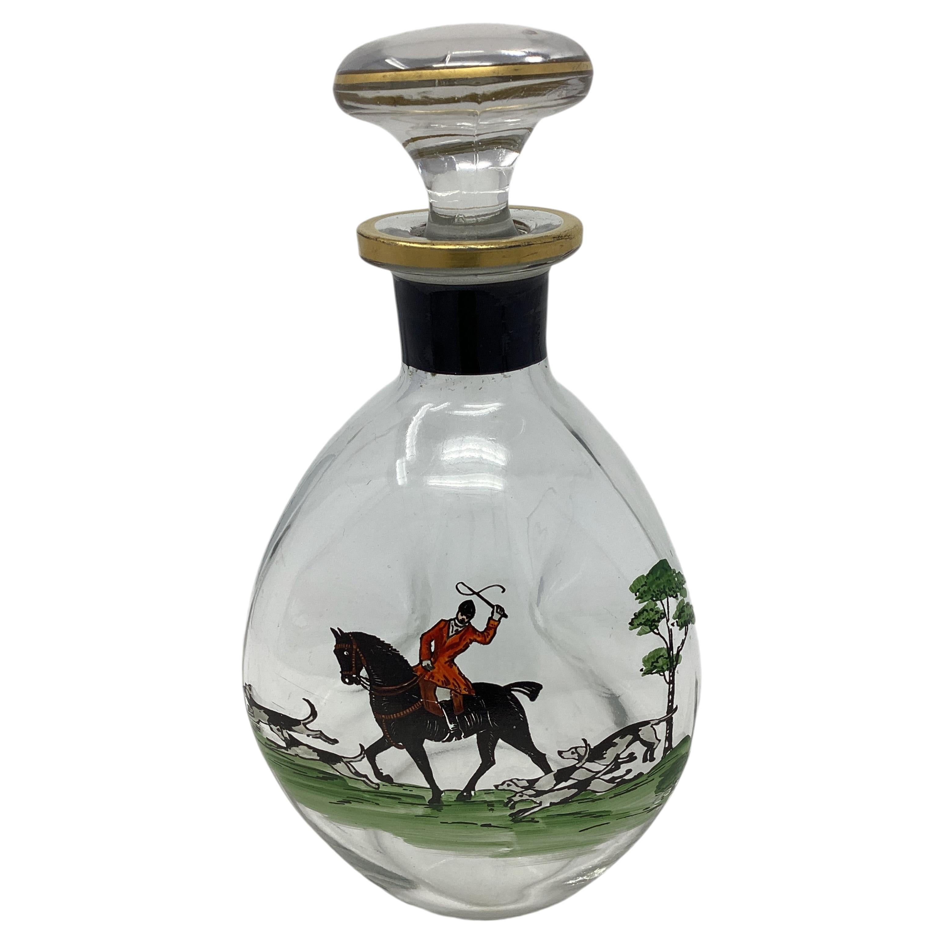 Art Deco English Fox Hunt Emaille verziert Pinch Flasche Dekanter im Angebot