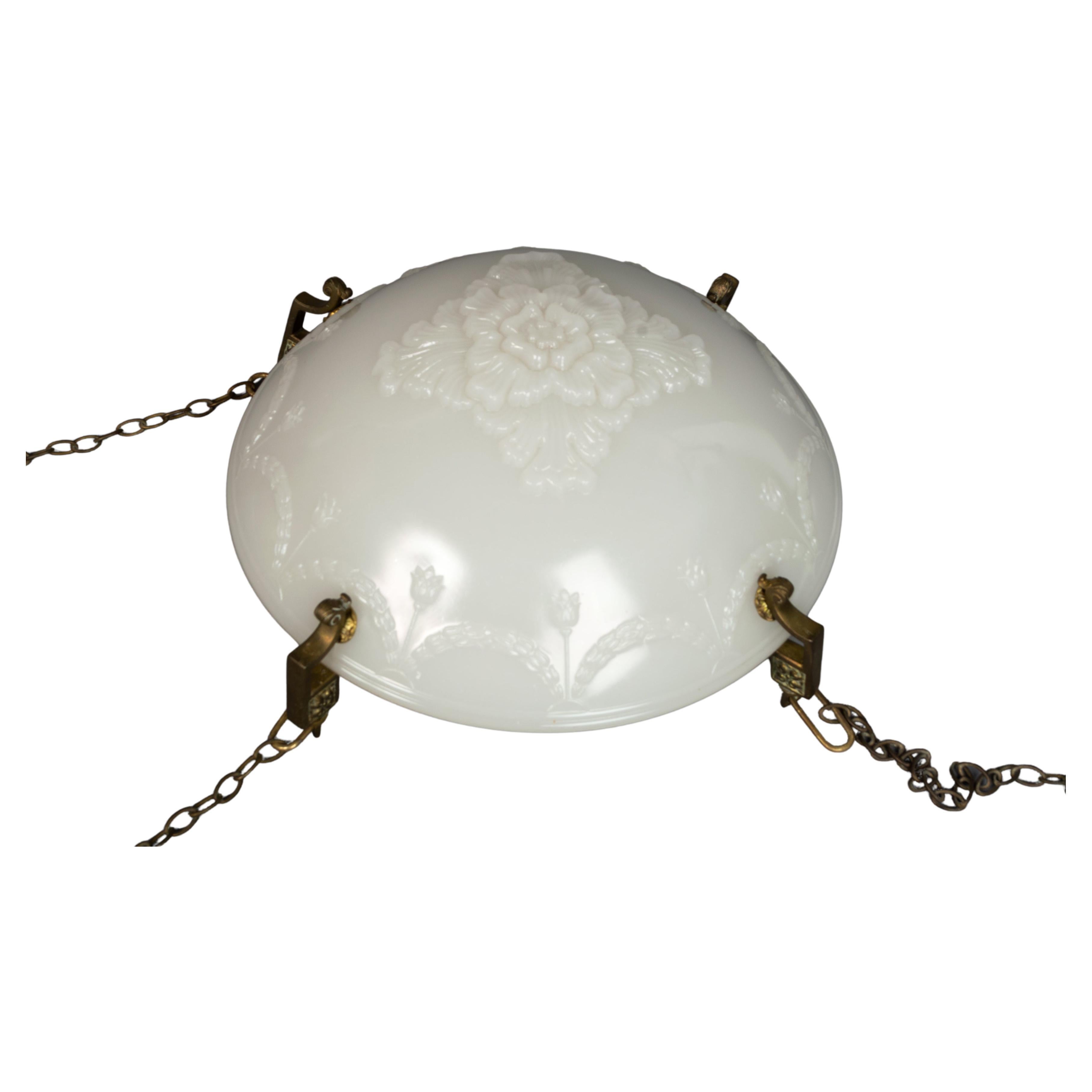 Art Deco English Jefferson Moonstone Glass Plafonnier Light Pendant, C.1920 For Sale