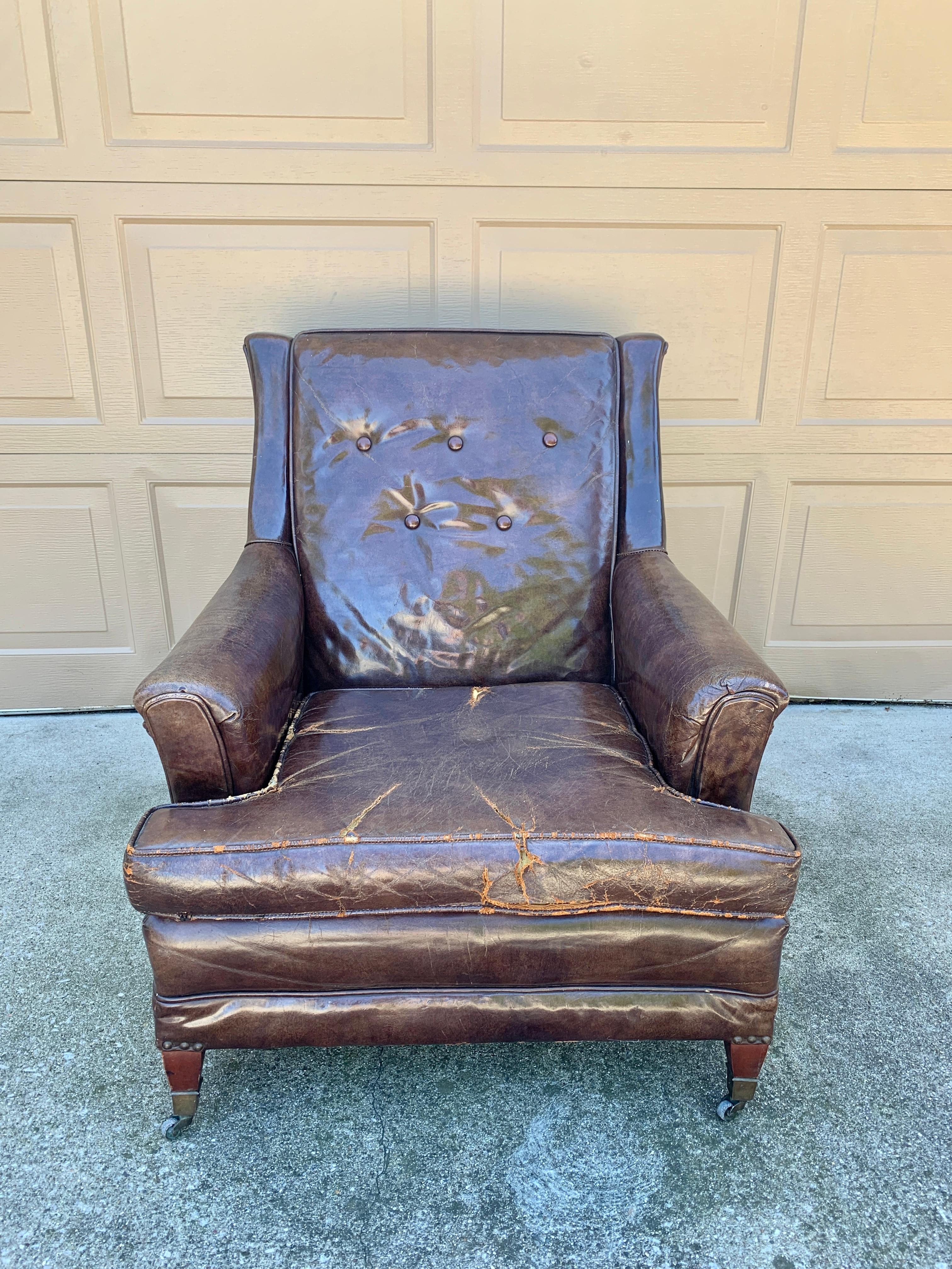 Art Deco English Leather Club Chair In Good Condition In Elkhart, IN