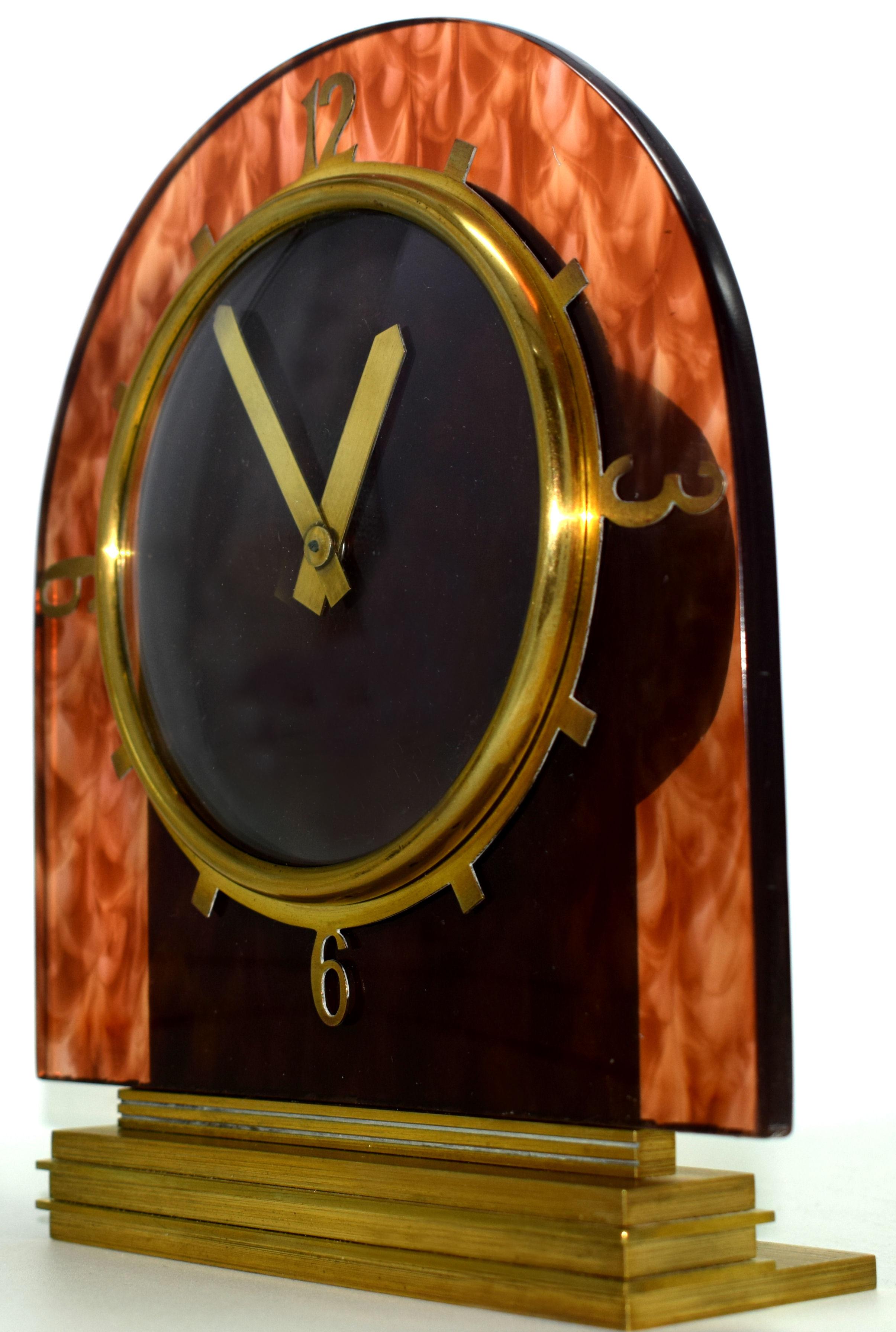 20th Century Art Deco English Mantle Clock Faux Tortoise Shell, circa 1930s