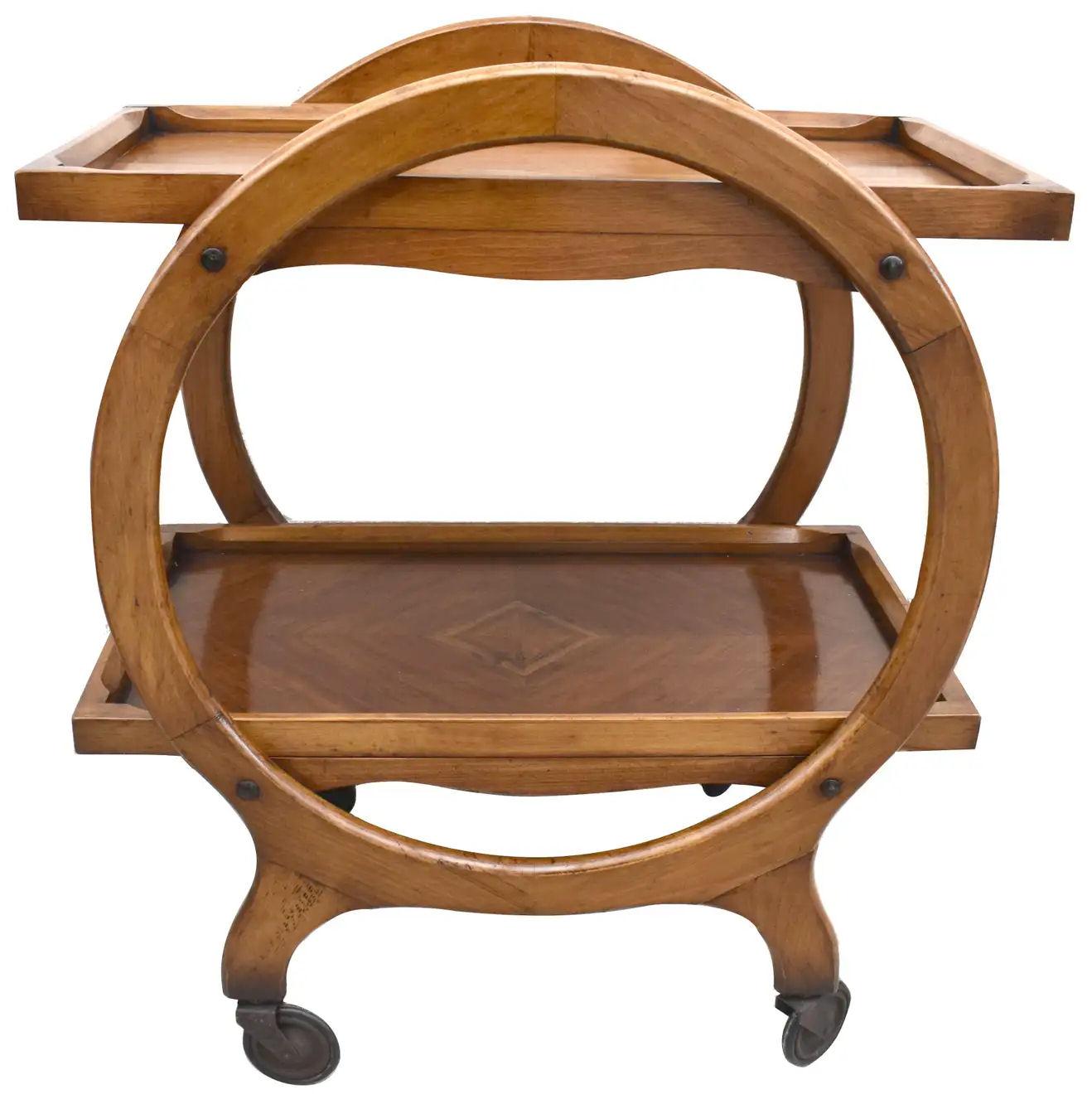 20th Century Art Deco English Mid Tone Walnut Circular Drinks Trolley Cart, 1930s For Sale