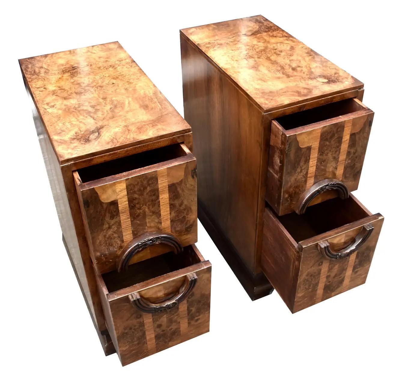 British Art Deco English Pair of Figured Walnut Bedside Cabinets, English, C1930