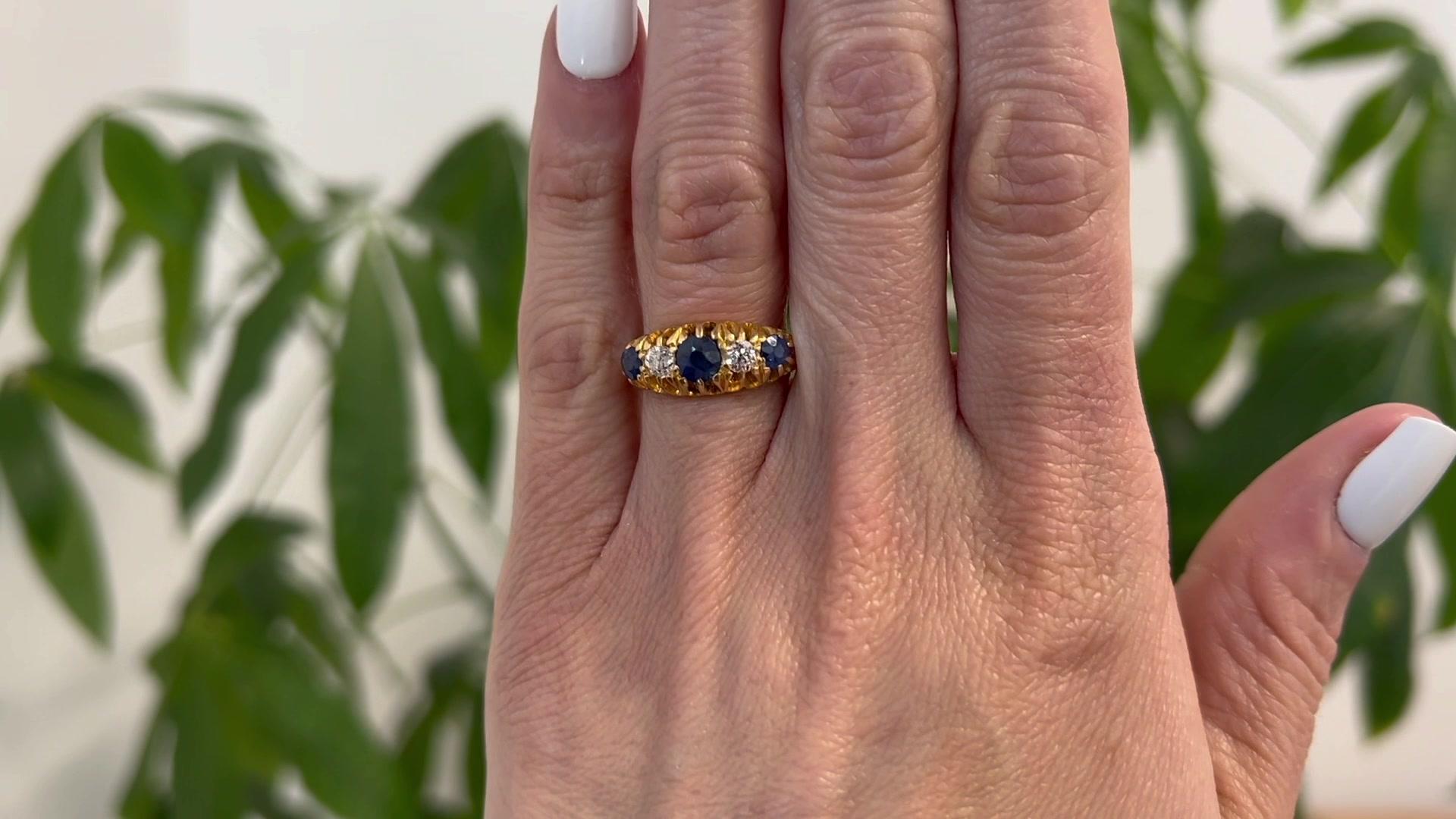 Mixed Cut Art Deco English Sapphire Diamond 18 Karat Yellow Gold Five Stone Ring