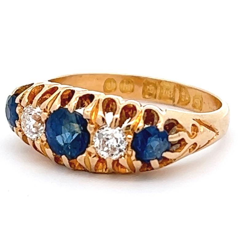 Women's or Men's Art Deco English Sapphire Diamond 18 Karat Yellow Gold Five Stone Ring