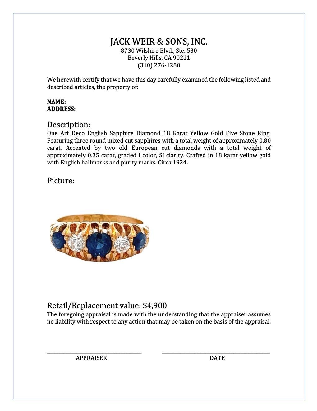 Art Deco English Sapphire Diamond 18 Karat Yellow Gold Five Stone Ring 2