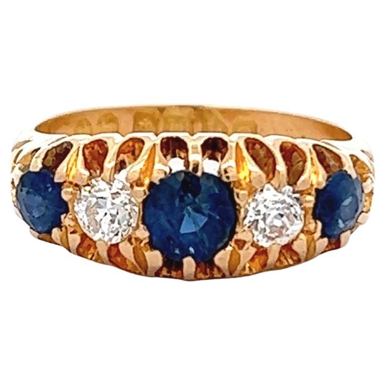 Art Deco English Sapphire Diamond 18 Karat Yellow Gold Five Stone Ring