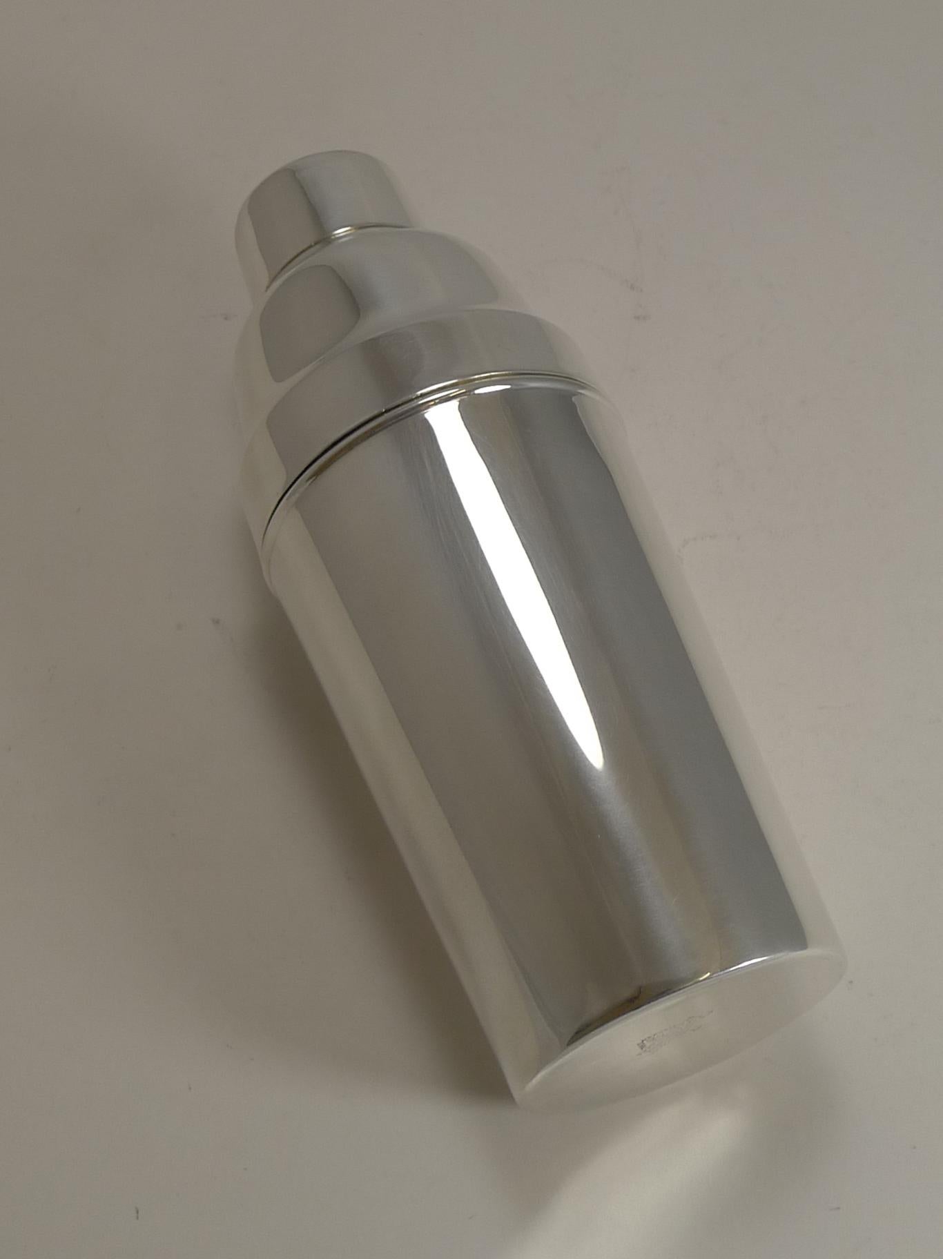 A handsome English silver plated cocktail shaker made by the top-notch silversmith, Mappin and Webb; fully marked on the underside.

Dating to circa 1930, it remains in excellent condition measuring 3 3/8