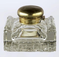 Art Déco English Square Shapped Cut Glass/Crystal Inkwell with Brass/Bronze Top