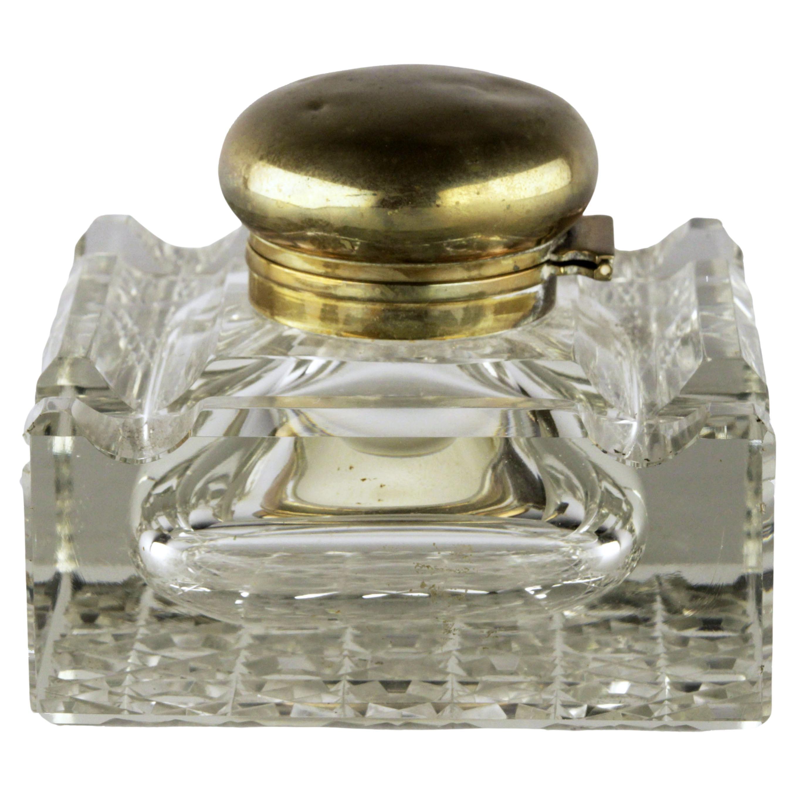 Art Déco English Square Shapped Cut Glass/Crystal Inkwell with Brass/Bronze Top For Sale