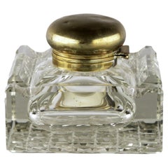 Art Déco English Square Shapped Cut Glass/Crystal Inkwell mit Messing/Bronze Top