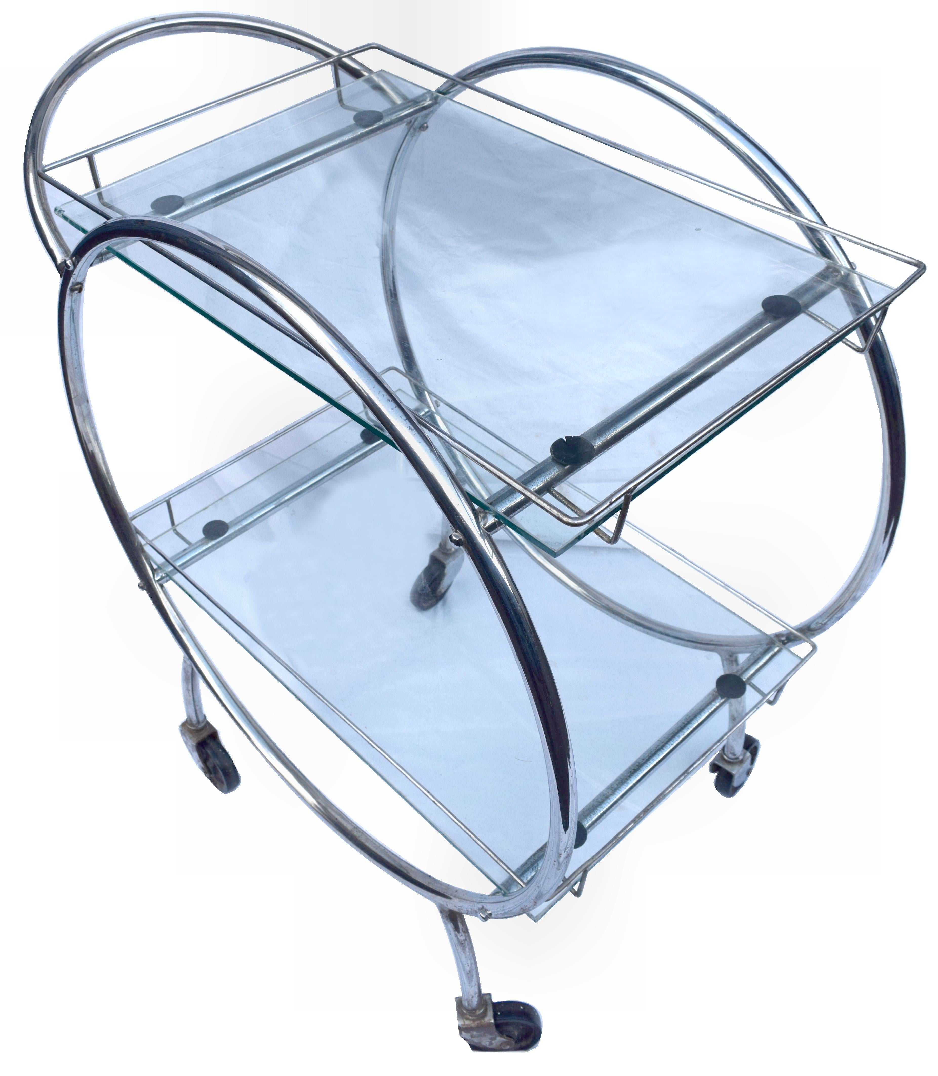 Art Deco English Two-Tier Chrome and Glass Hostess Bar Cart, circa 1930 In Good Condition In Devon, England
